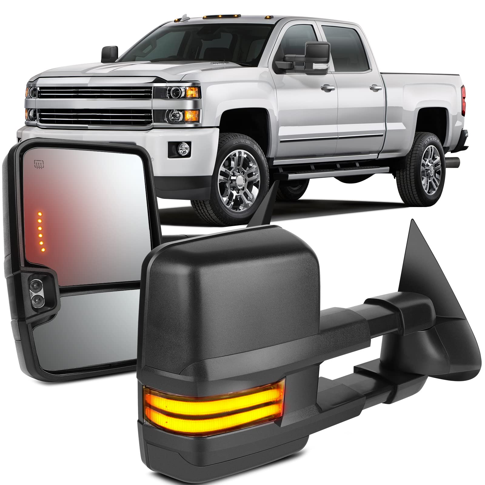 OCPTY Heated Power Towing Mirrors - Left & Right Side Replacement for Chevy 1999-2002, GMC/Suburban 2000-2002 - with Running Lights & Defrost Function - Perfect for Winter Towing & Nighttime Driving