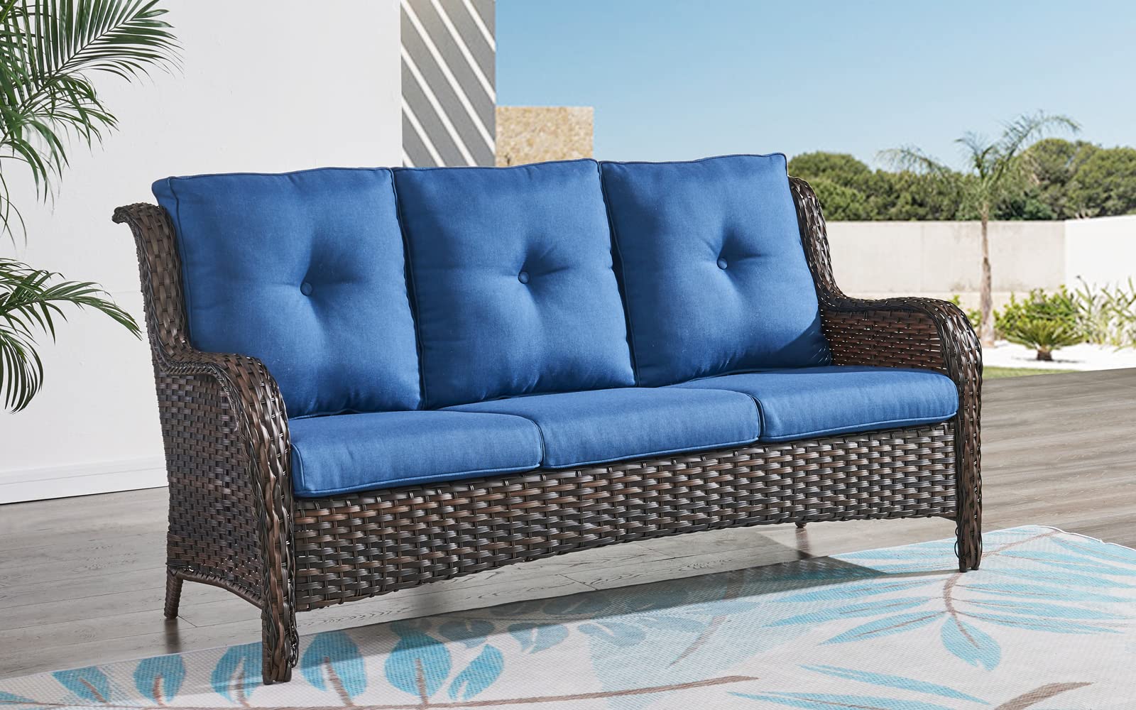 HUMMUH 3-Piece All-Weather Wicker Patio Furniture Set - Outdoor Sectional Sofa with Manual Weaving Rattan & High Curved Back - Includes Ottomans - Perfect for Backyard, Poolside & Garden Relaxation