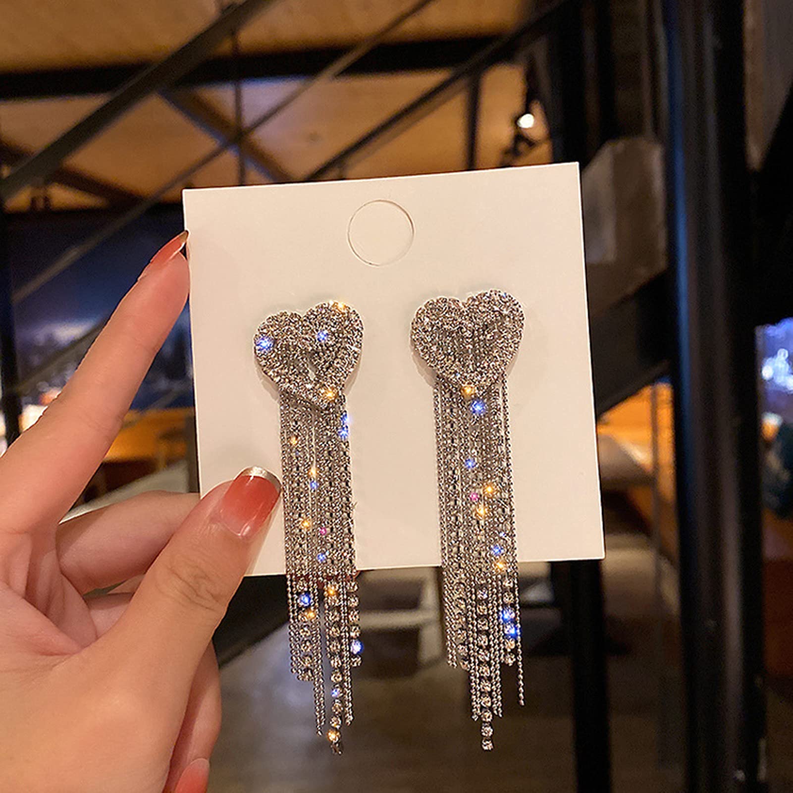 Sparkling Heart Dangle Earrings for Women - Diamond Fashion Jewelry with Rhinestone Tassels, Elegant Silver Stud Earrings for Wedding & Party (8.5cm x 2.2cm) | Perfect for Bridal Accessories, Date Night & Special Occasions