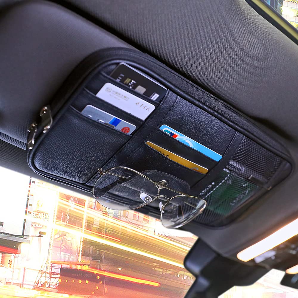 VAGURFO Car Sun Visor Organizer - Multi-Pocket Zipper Storage Pouch for Truck & Auto Accessories | Black Interior Organizer for Sunglasses, Phones & Small Items | Perfect for Road Trips & Daily Commutes