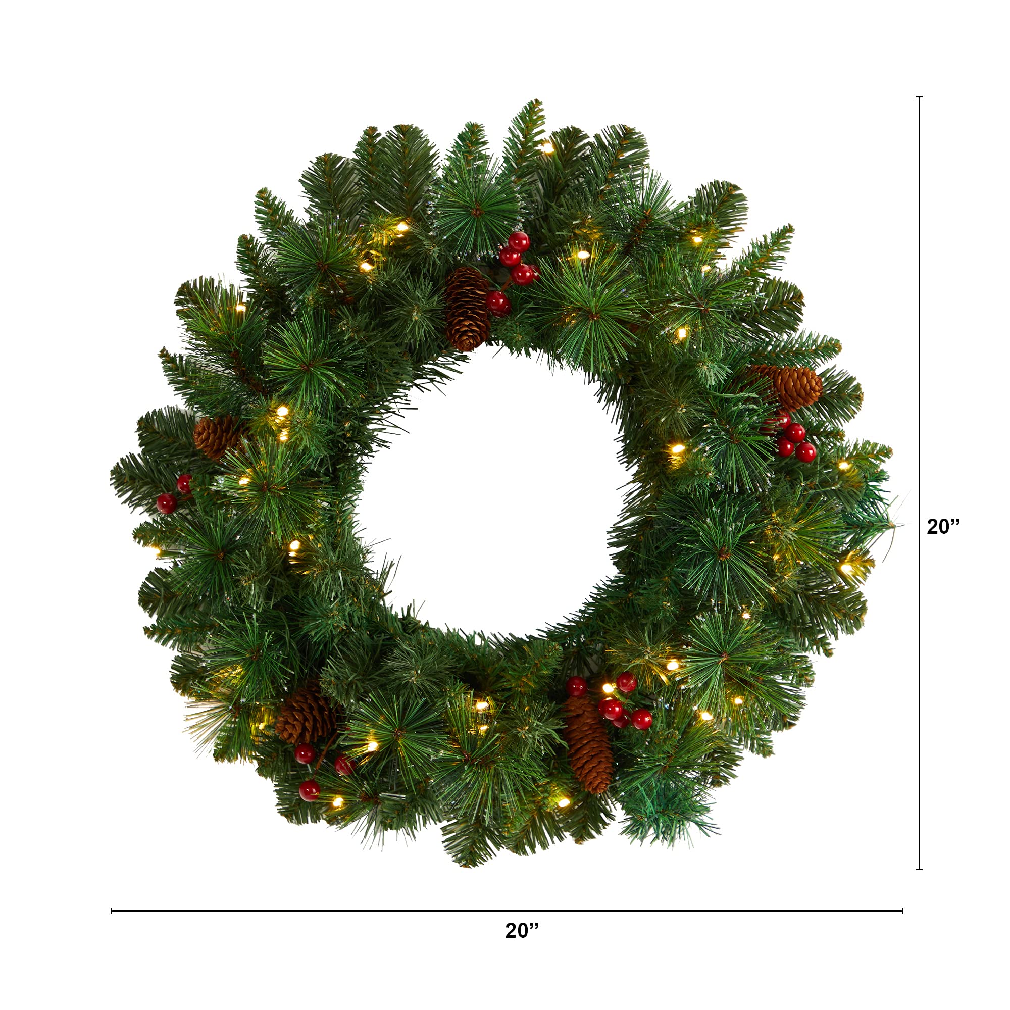 Nearly Natural 20-Inch Frosted Pine Artificial Christmas Wreath with Pinecones, Berries & 35 Warm White LED Lights - Holiday Home Decor for Front Door, Fireplace & Indoor/Outdoor Use