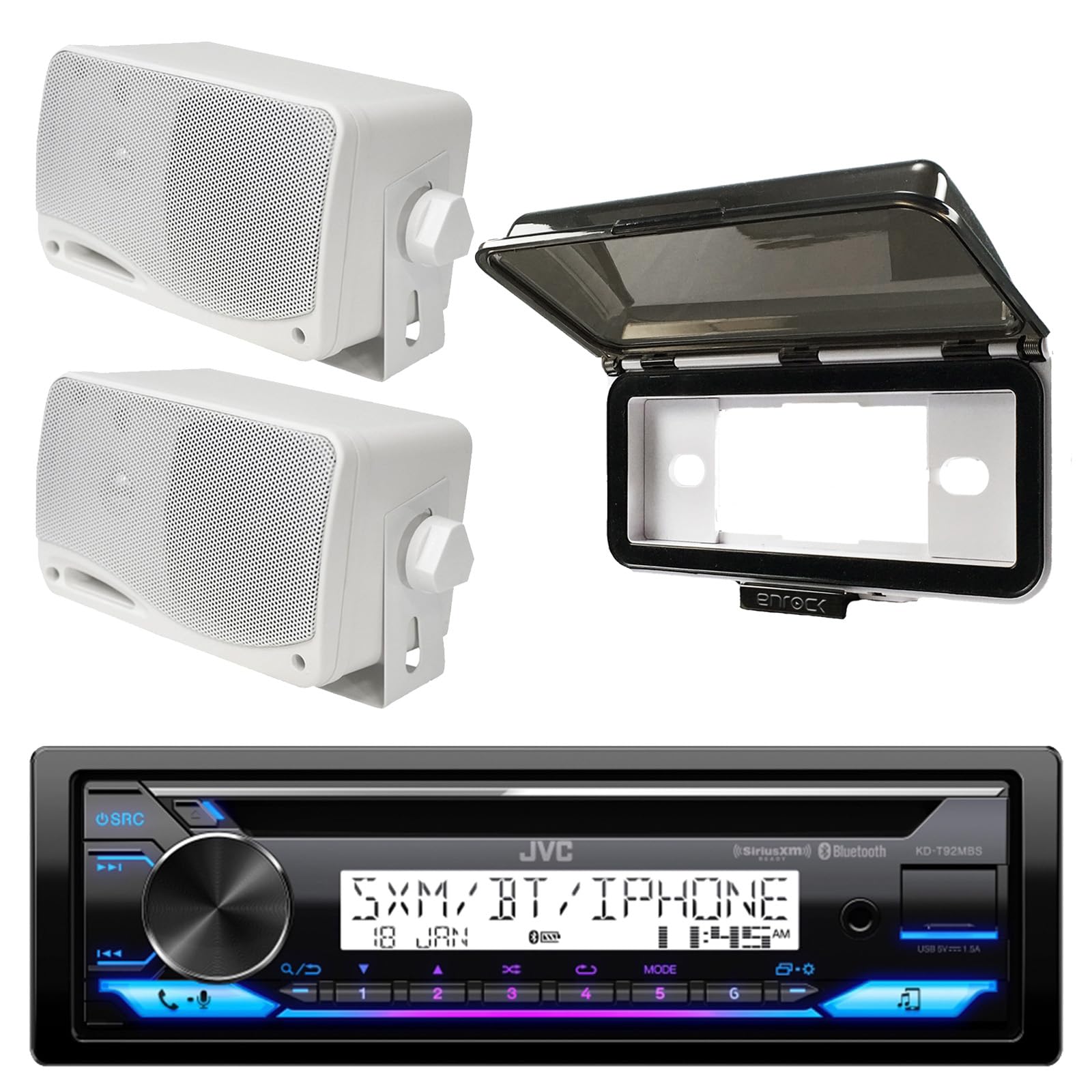JVC Single DIN Marine Stereo Receiver with USB, Bluetooth, CD Player & White Cover - 2X 3.5