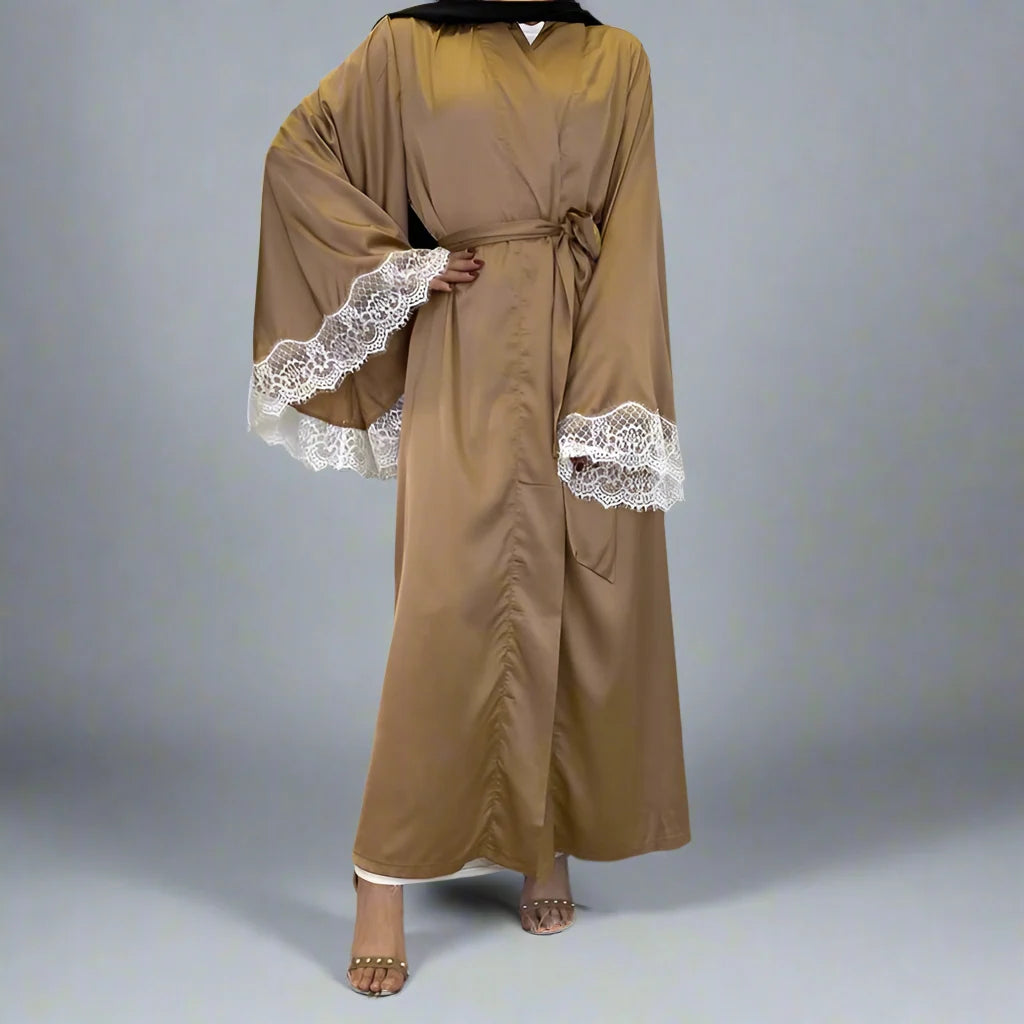 Elegant Muslim Abaya Dress - Embroidered Satin Open Front Long Dress for Women | Perfect for Prayer, Mosque, Eid & Special Occasions