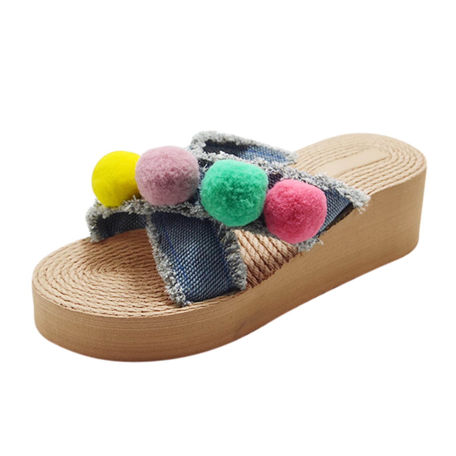 Women's Fashion Tassel Denim Wedge Sandals - Extra Wide Size 12, Pink (US 8) | Summer Beach Sandals for Women, Comfortable Linen Footwear for Casual Outings & Vacations