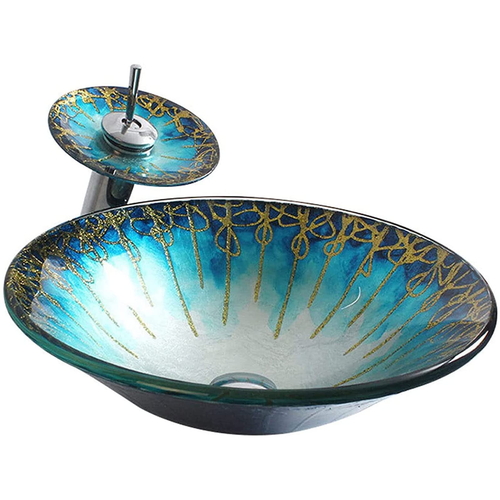 Blue Round Tempered Glass Vessel Sink - Handmade Above Counter Bathroom Sink with Faucet & Pop-Up Drain - Artistic Basin Bowl for Modern Bathroom Vanity, Powder Room, or Luxury Master Bath Decor