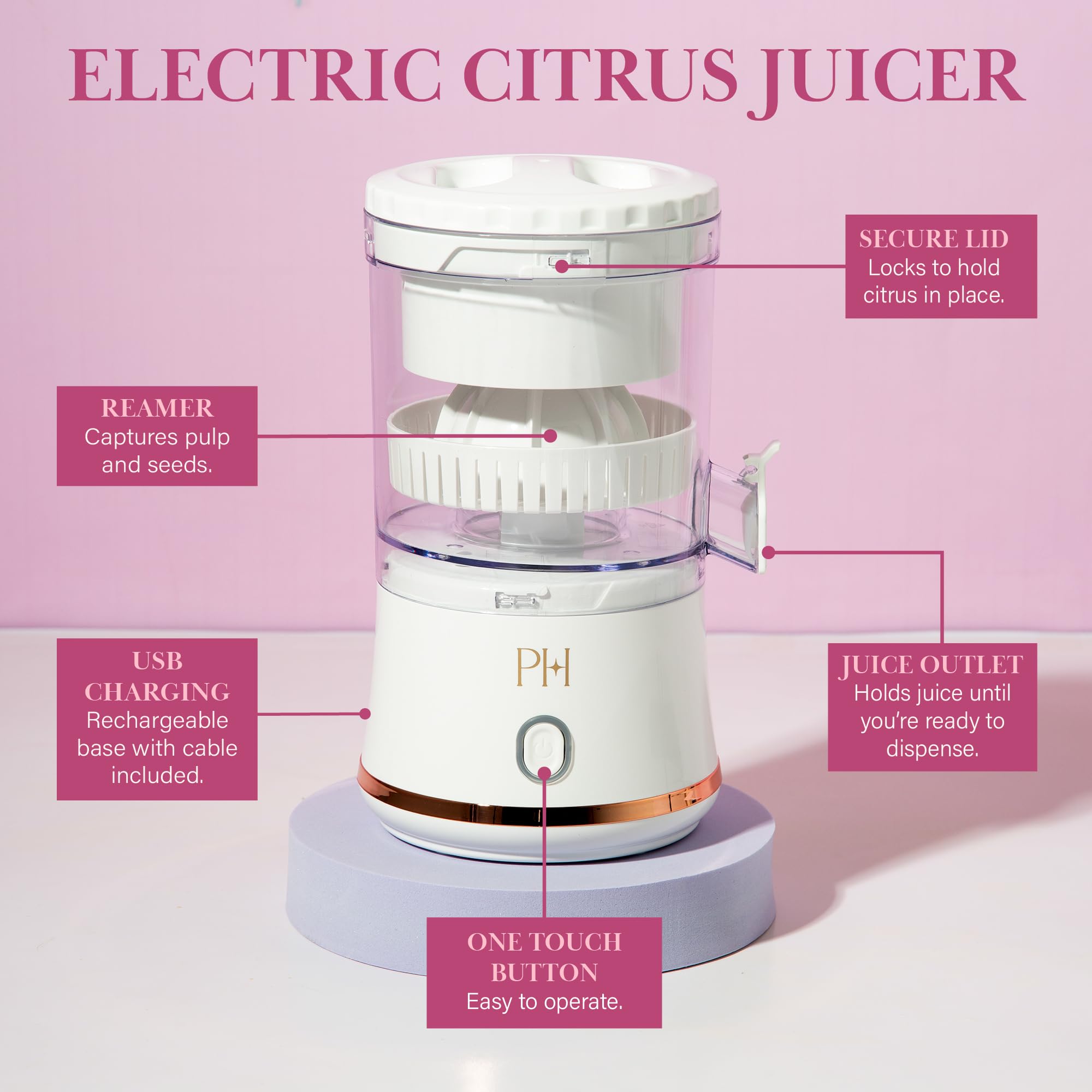 Paris Hilton Electric Citrus Juicer - Mini Portable USB Rechargeable Cordless Juicer with One-Touch Button for Lemon, Lime & Orange - Compact White Juicer for Kitchen, Camping & Travel