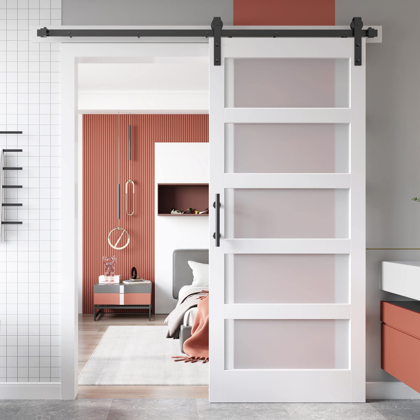 EaseLife 34x84 Inch White 5-Panel Glass Barn Door with 6FT Sliding Hardware Kit - Waterproof Scratch-Resistant PVC Coated Solid LVL Wood - Easy DIY Assembly for Bedroom, Closet, or Office Partition