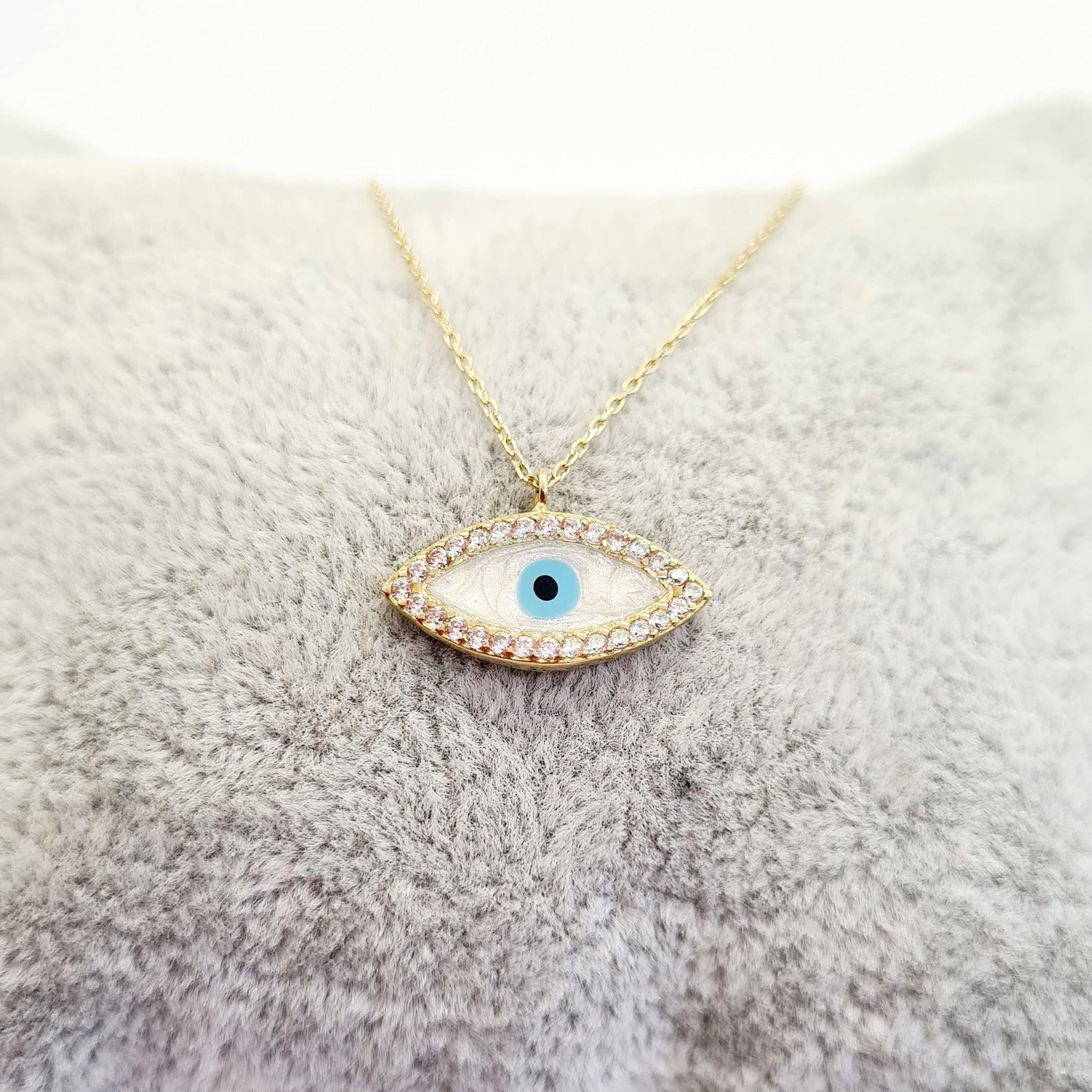14K Real Solid Gold Mother of Pearl Evil Eye Pendant Necklace for Women - Turkish Nazar Boncuk Protection Jewelry - Elegant Good Luck Gift for Her (Birthday, Christmas, Anniversary) | Perfect for Everyday Wear, Special Occasions & Spiritual Protection