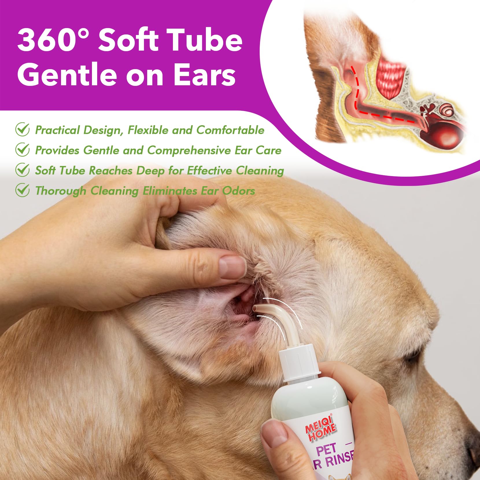 MEIQIHOME Dog & Cat Ear Cleaner - Soothes Ear Inflammation, Removes Wax & Odor - 4 Fl oz with 50 Cotton Swabs - Gentle Pet Ear Cleaning Solution for Dogs & Cats - Perfect for Regular Ear Care & Infection Prevention