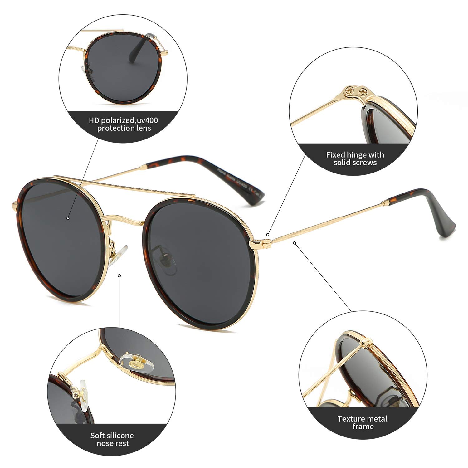 DUSHINE Small Round Double Bridge Polarized Sunglasses for Women & Men - 100% UV Protection - Fashionable & Lightweight for Driving, Beach, and Outdoor Activities