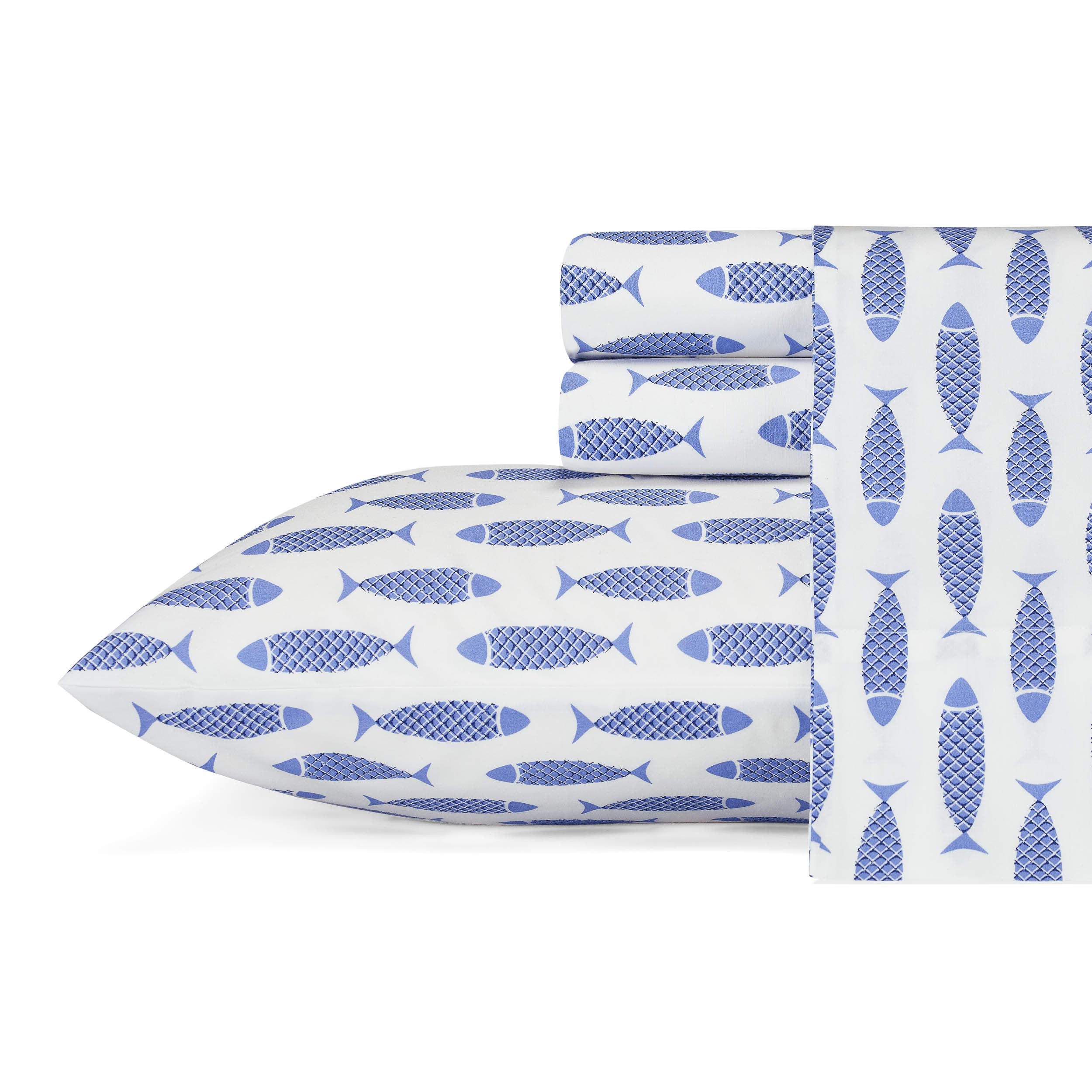 Nautica Queen Sheets - 100% Cotton Percale Bedding Set | Crisp & Cool Coastal Style | Woodblock Fish Blue | Perfect for Beach House, Guest Room & Summer Sleep