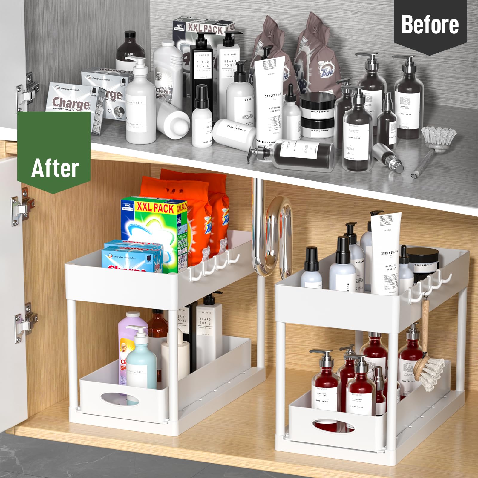 PUILUO 2-Tier Under Sink Organizer - White Sliding Cabinet Basket for Bathroom & Kitchen Storage - Perfect for Organizing Cleaning Supplies, Sponges & Toiletries Under Sink or in Cabinets