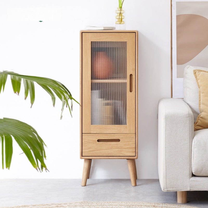 Solid Oak Wood Glass Door Display Cabinet - Stylish Storage for Living Room, Bedroom, or Office