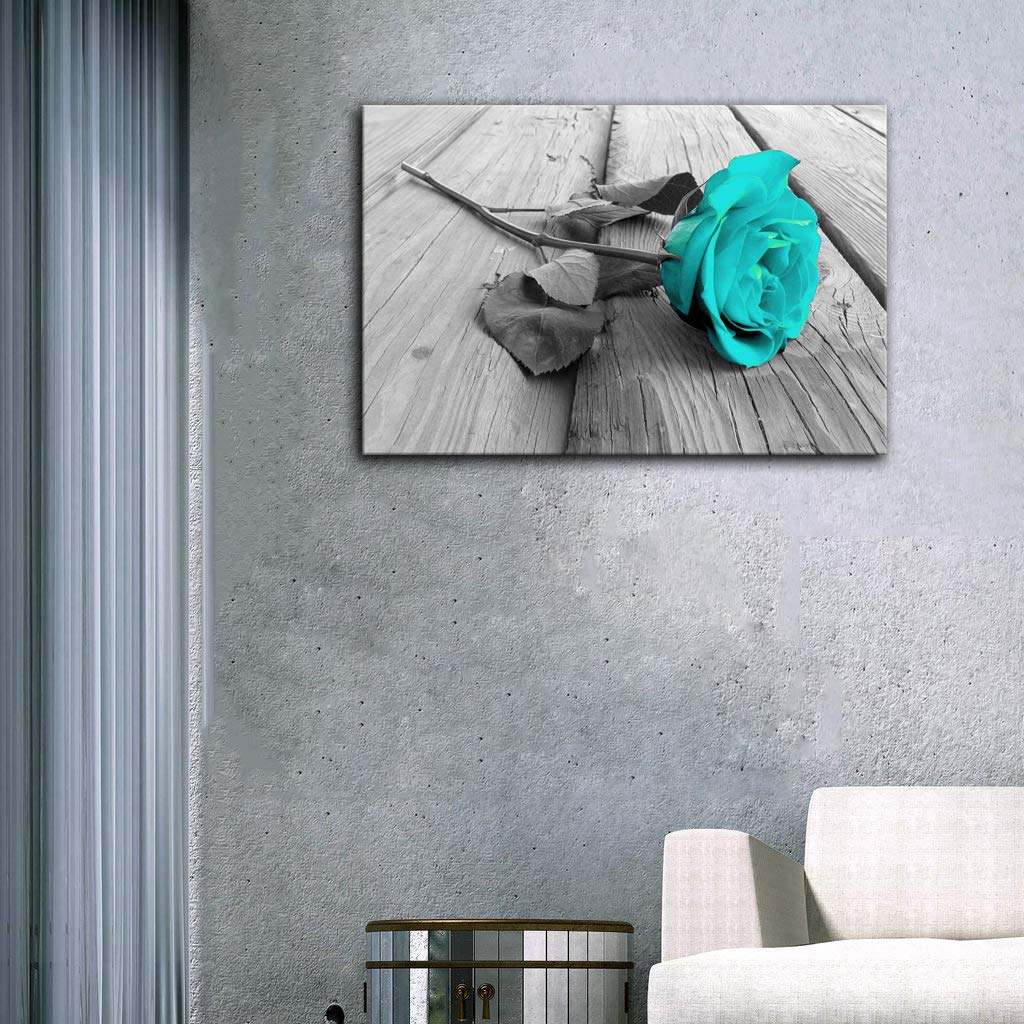Modern Floral Canvas Wall Art - Black White Teal Rose Flower Painting, Stretched & Framed Ready to Hang (24x36 Inches) for Living Room, Bedroom, Bathroom Decor | Perfect for Home, Office & Gift Giving