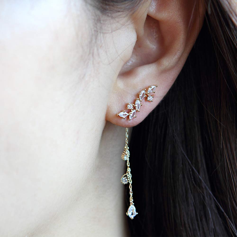 CZ Leaf Wrap Earrings for Women - Teardrop Crystal Threader Chain for Party & Wedding