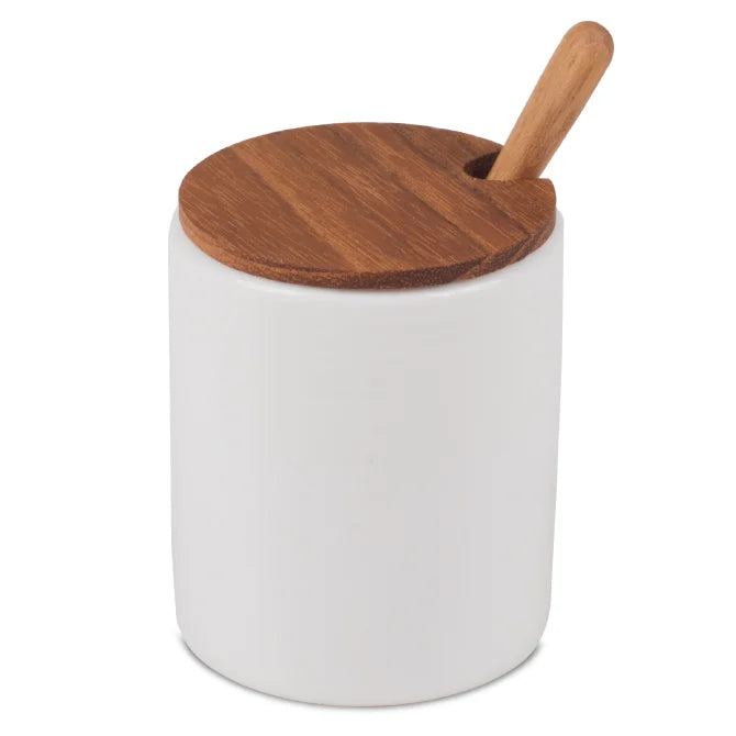 Premium Ceramic Mini Cellar with Teak Wood Lid & Spoon - Perfect for Storing Spices, Tea, Coffee & Small Kitchen Essentials