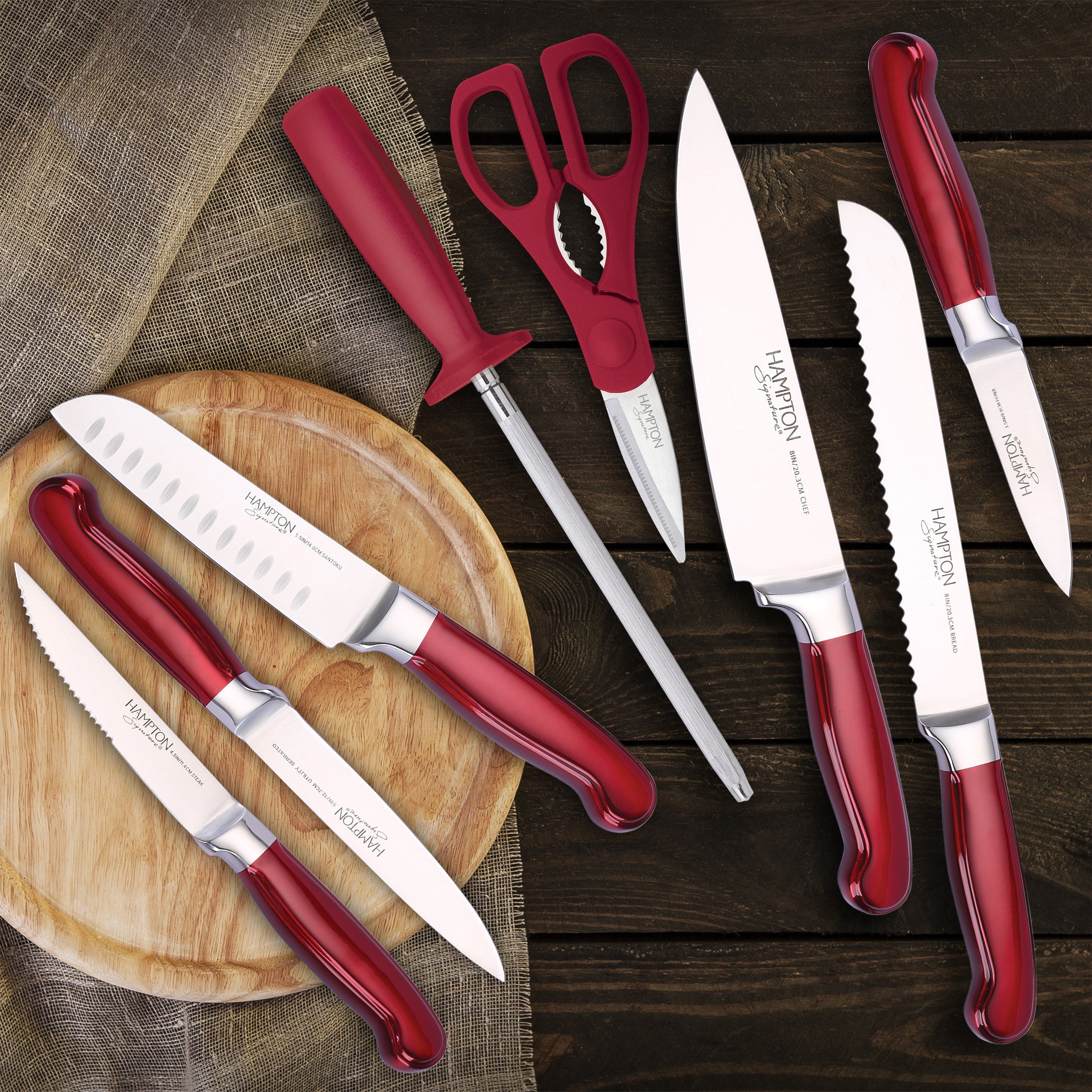 Premium Rorik Red 14-Piece Stainless Steel Knife Block Set - Complete Kitchen Cutlery Collection for Cooking, Slicing & Serving - Perfect for Home Chefs & Dinner Parties