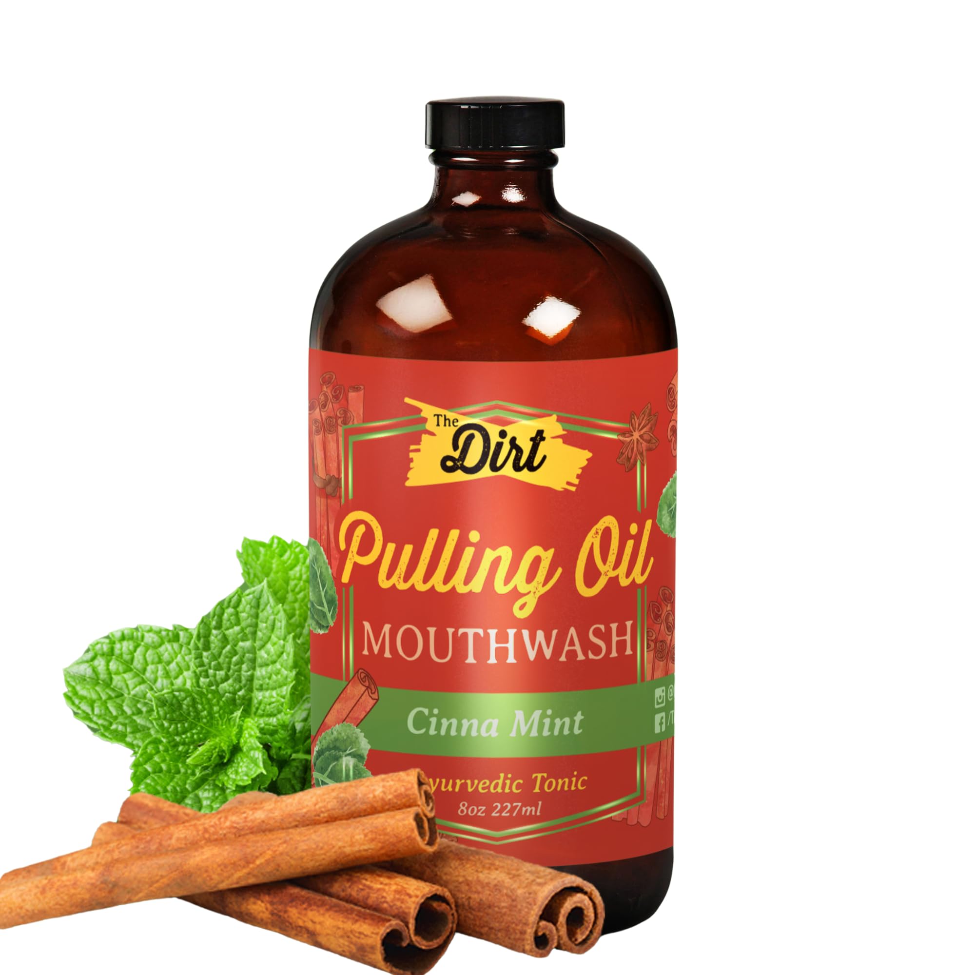 THE DIRT Oil Pulling Mouthwash - Gluten Free, Plaque & Tartar Remover, Bad Breath Treatment & Teeth Whitening - Cinnamon Mint Flavor (8 oz) - Ideal for Daily Oral Care & Natural Teeth Whitening at Home