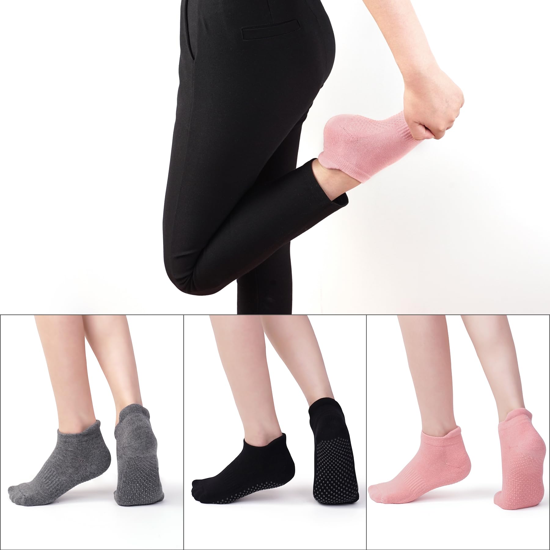 3 Pairs Non-Slip Grip Socks for Women - Anti-Skid Yoga, Pilates & Soccer Socks with Breathable Cotton - Perfect for Workout, Dance, Gym & Home Use