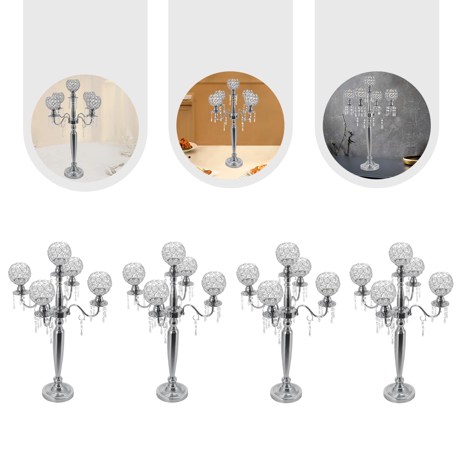 4-Piece Silver Vintage 5-Arm Crystal Candle Holder Set - 29.5 Inch Tall Table Candelabra Stand for Wedding Centerpiece, Home Decor, Party & Festival Lighting - Elegant Dining Room & Event Decoration