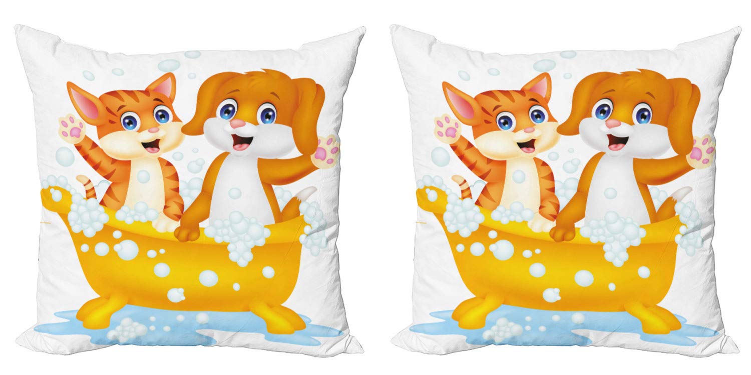 Ambesonne 2-Pack Animal Decorative Throw Pillow Covers - Cute Cartoon Cat & Dog in Bathtub with Bubbles Design, 18 Inch Square Cushion Covers for Sofa, Bed, Living Room - Yellow, Brown & Blue - Perfect for Home Decor, Pet Lover Gifts & Cozy Interior Styling