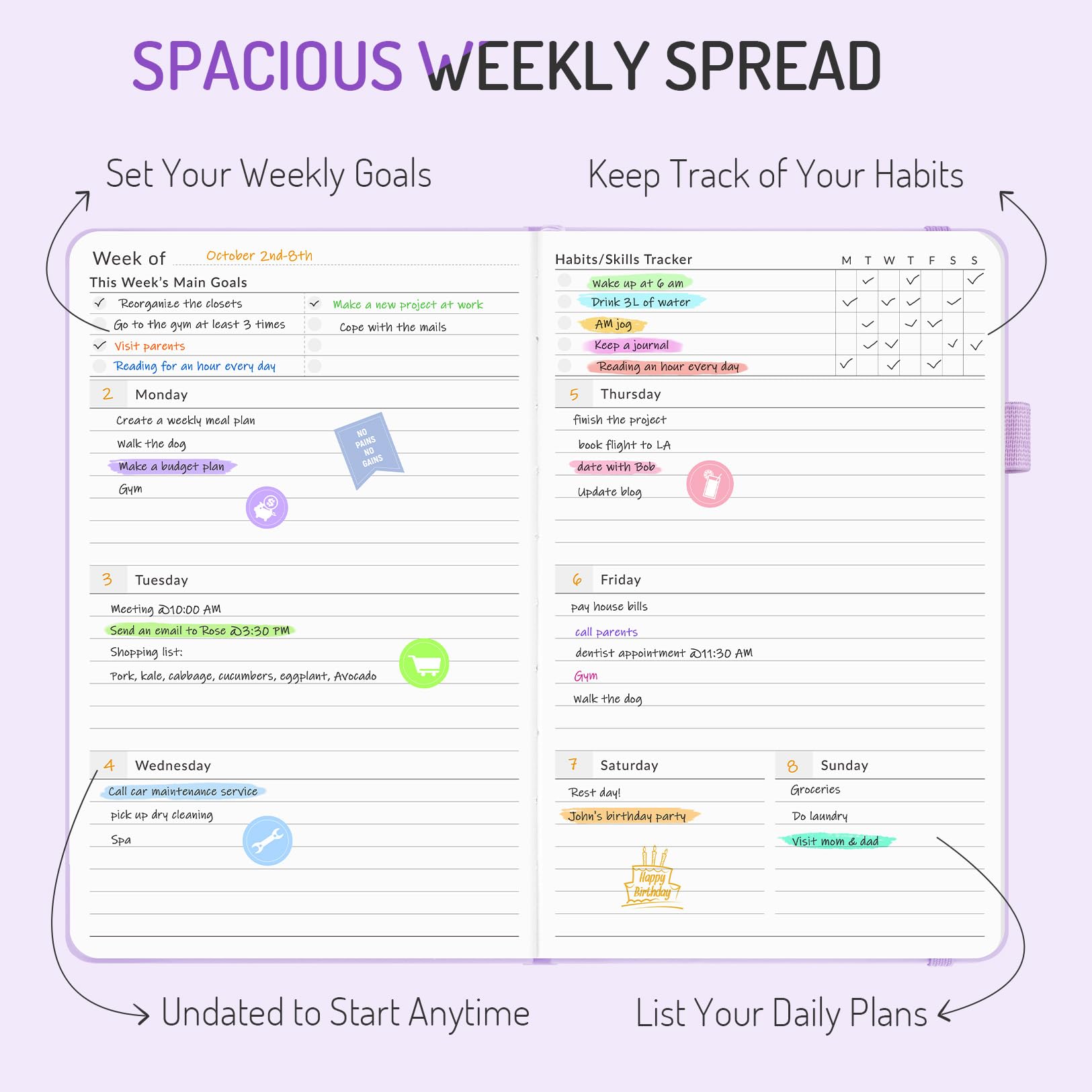 2025 Undated Weekly & Monthly Planner - Forvencer A5 Organizer Notebook for Goals & Tasks | Cute Daily Agenda Journal | Start Anytime | Perfect for Work, School & Personal Planning (Black)