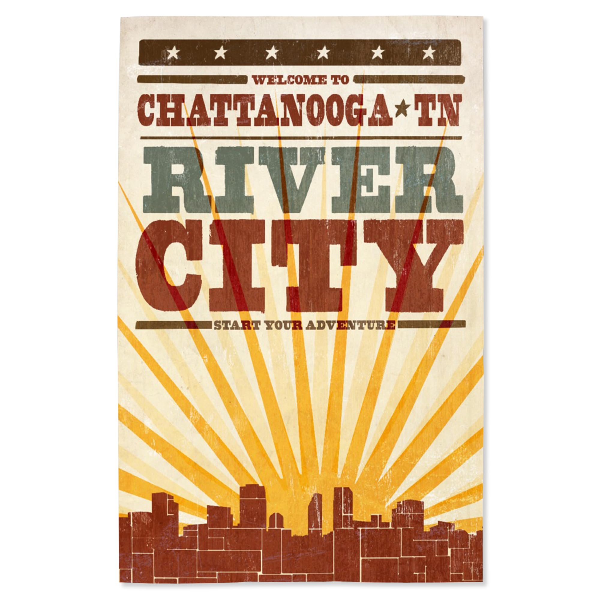 Lantern Press 16x24 Inch Giclee Art Print - Chattanooga Tennessee Skyline & Sunburst Screenprint Style Wall Decor - Perfect for Living Room, Bedroom or Office