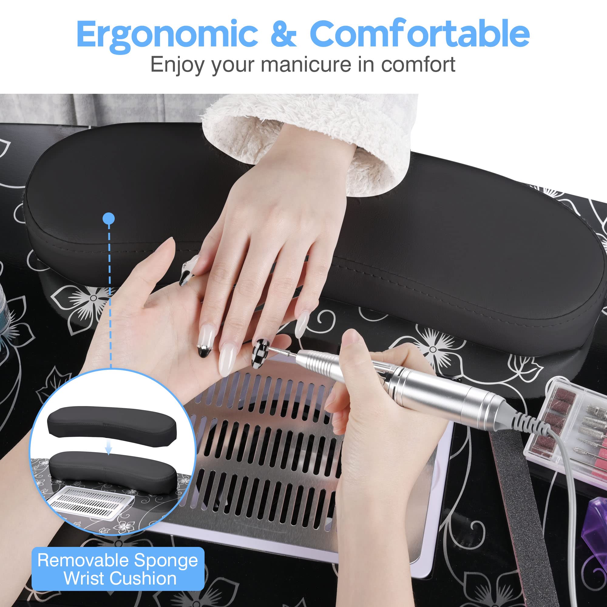BYOOTIQUE Portable Folding Nail Table with Built-in Dust Collector & Lockable Wheels - Professional Manicure Station for Nail Techs, Tattoo Artists & Beauty Salons - Includes Carry Bag - Perfect for Spa, Home Salon & Mobile Nail Services (Black)