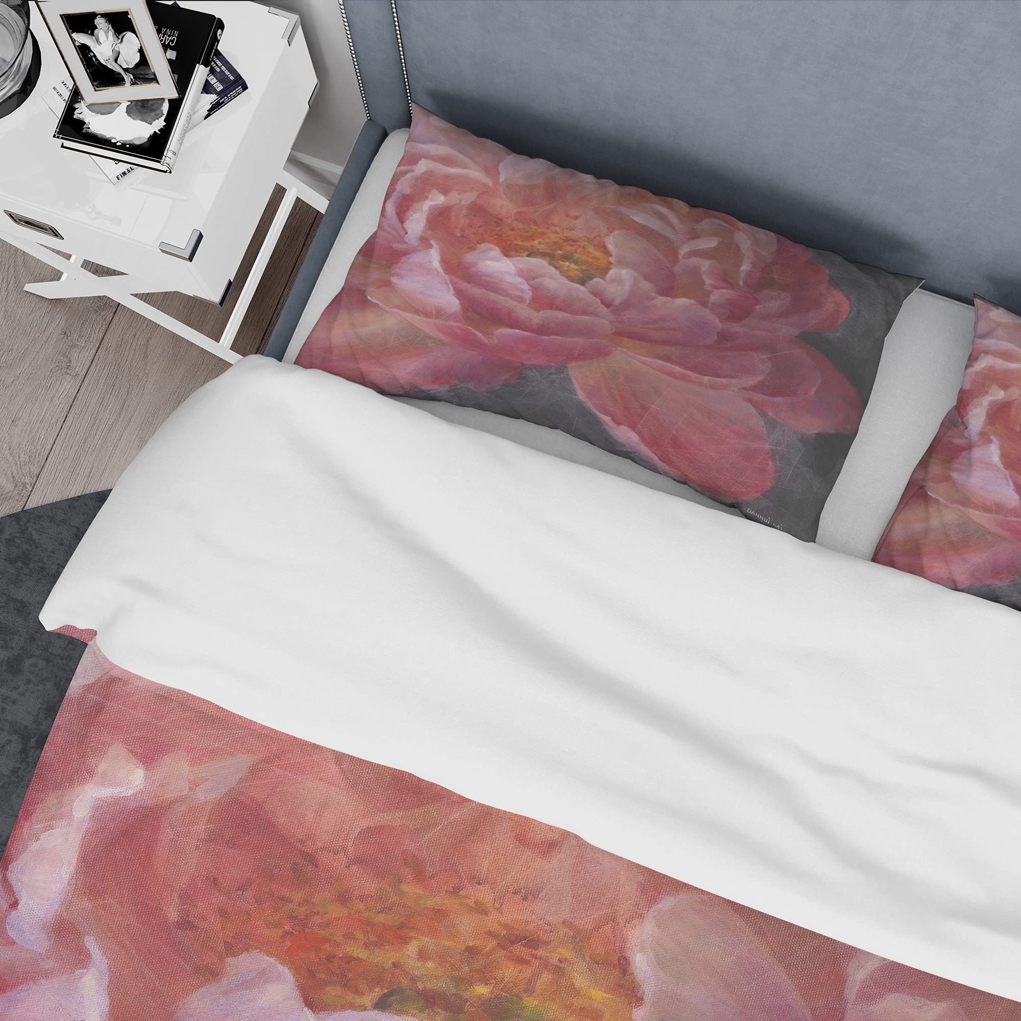 DesignQ Vivid Pink Peonies Shabby Chic Duvet Cover Set - Queen Size 3-Piece Floral Bedding | Soft & Breathable All-Season Comforter Cover | Perfect for Boho Bedroom, Guest Room & Farmhouse Decor