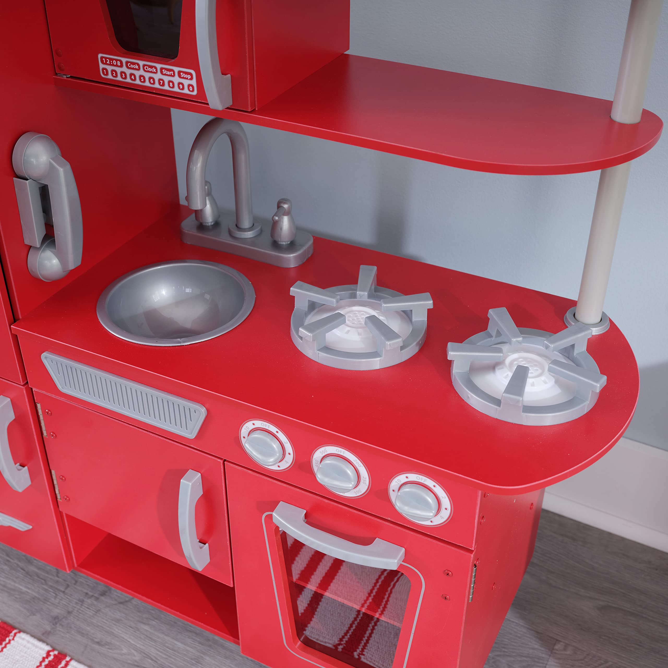 KidKraft Red Vintage Wooden Play Kitchen Set with Stainless Steel-Look Trim & Play Phone - Pretend Cooking Toy for Toddlers & Kids Ages 3+ - Perfect for Imaginative Play, Birthday Gifts & Preschool Learning
