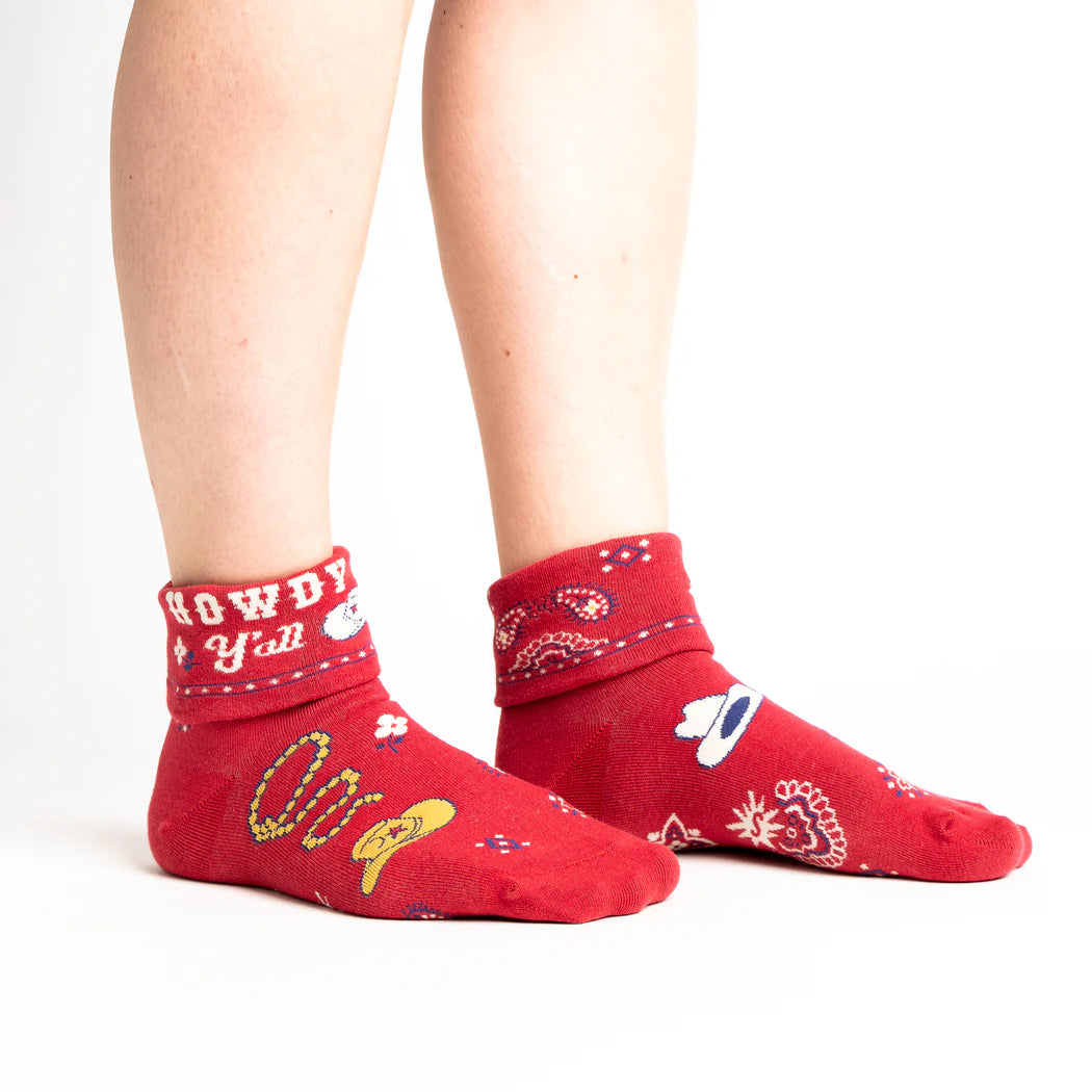 Turn Cuff Crew Socks by Sock It To Me - Fun 'Howdy Y'all' Pattern - Comfortable Cotton Socks for Women & Men - Perfect for Western Style, Cowboy Boots & Casual Outfits