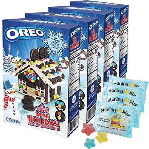 Oreo Gingerbread Mini House Kit with Pre-Baked Cookies & Free Shining Star Fruit Snacks - DIY Holiday Cookie Decorating Set for Christmas Baking, Parties & Family Fun (Pack of 4)
