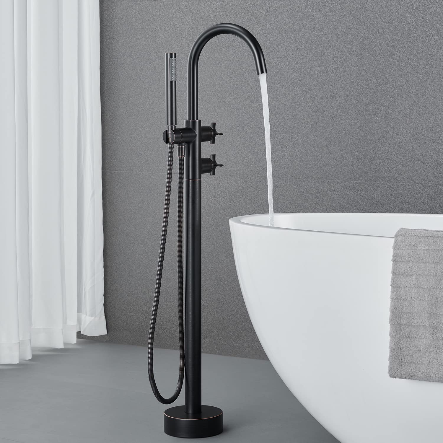 Freestanding Bathtub Faucet - Oil Rubbed Bronze Floor Mount Brass Tub Filler with Hand Shower - Perfect for Modern Bathroom & Spa Relaxation