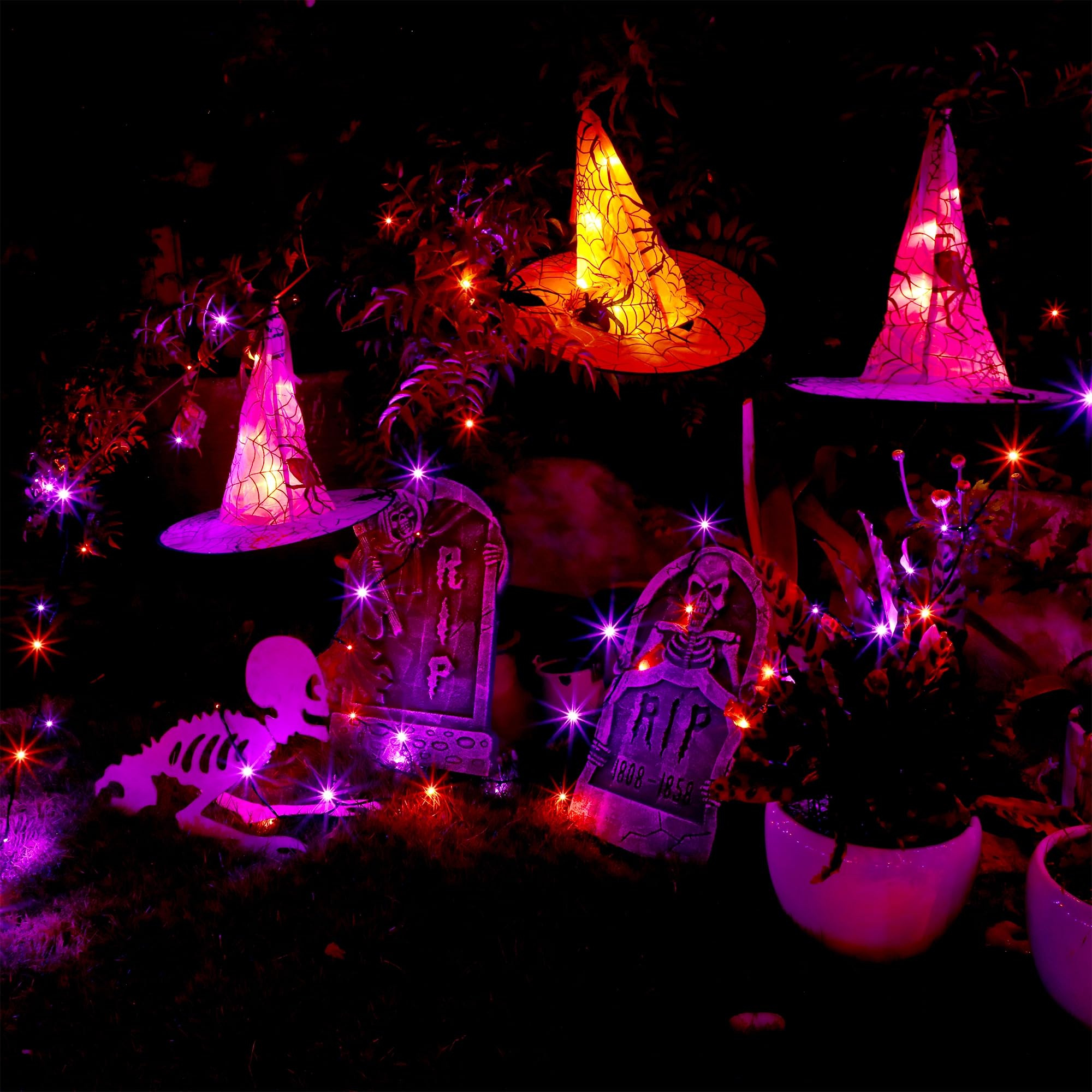 8 Pcs Halloween Witch Hat Decorations - Hanging Lighted Glowing Witch Hats with 8 Lighting Modes | Indoor Outdoor Yard & Tree Decor for Halloween Party, Home, Garden, and Porch