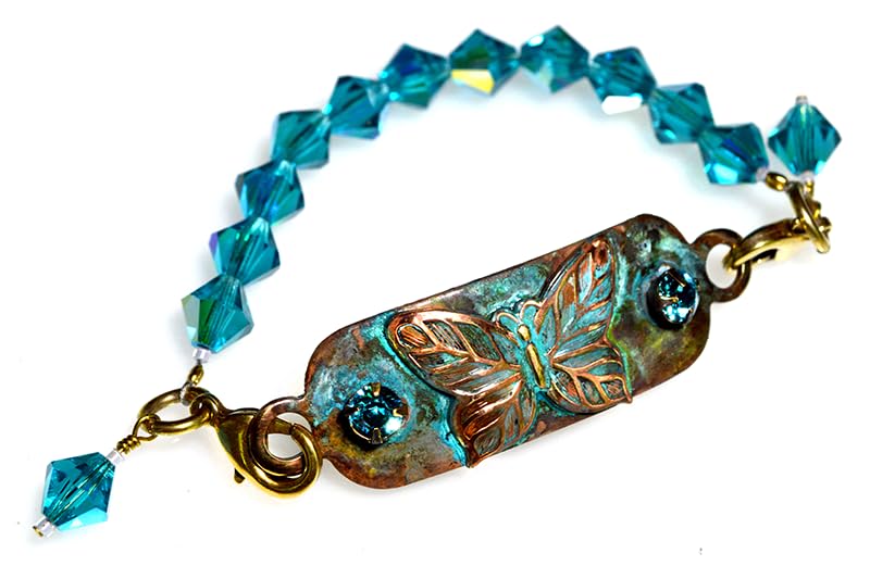 Elaine Coyne Verdigris Patina Butterfly Rockband Bracelet - Turquoise Swarovski Crystal & Foiled Glass Bead Bracelet for Women | Boho Chic Jewelry Gift for Birthday, Anniversary & Special Occasions