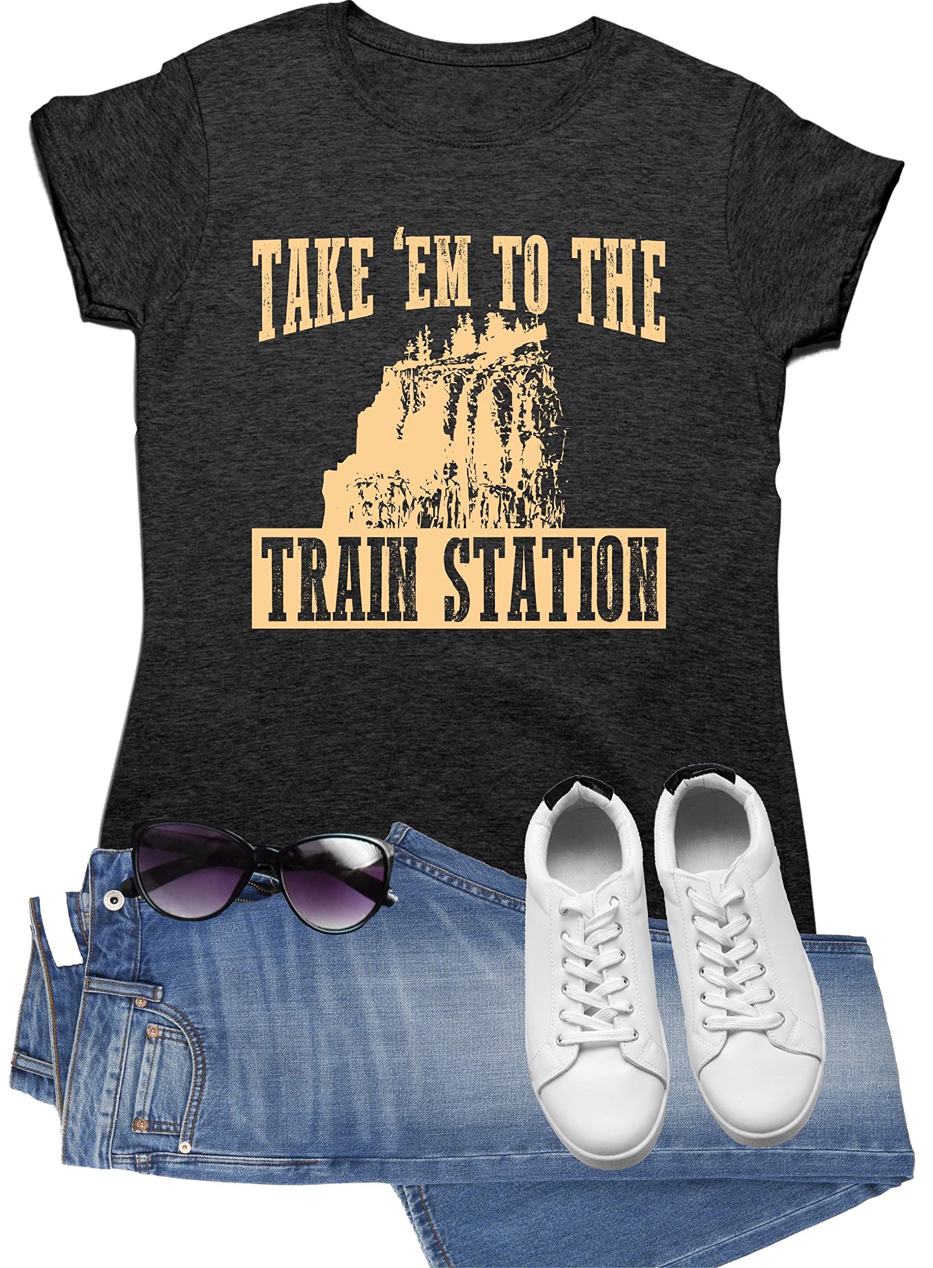 Go All Out Women's Take Em to The Train Station Deluxe Soft T-Shirt - Comfortable Casual Tee for Everyday Wear, Gym, and Outings