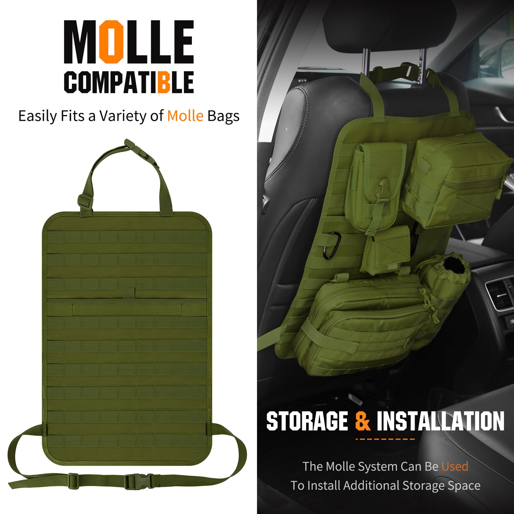 IronSeals Car Seat Back Organizer - Tactical MOLLE Panel Vehicle Seat Protector with Sag-Proof Design, Durable Nylon Hanger Bag for Storage | Perfect for Road Trips, Camping & Daily Commute
