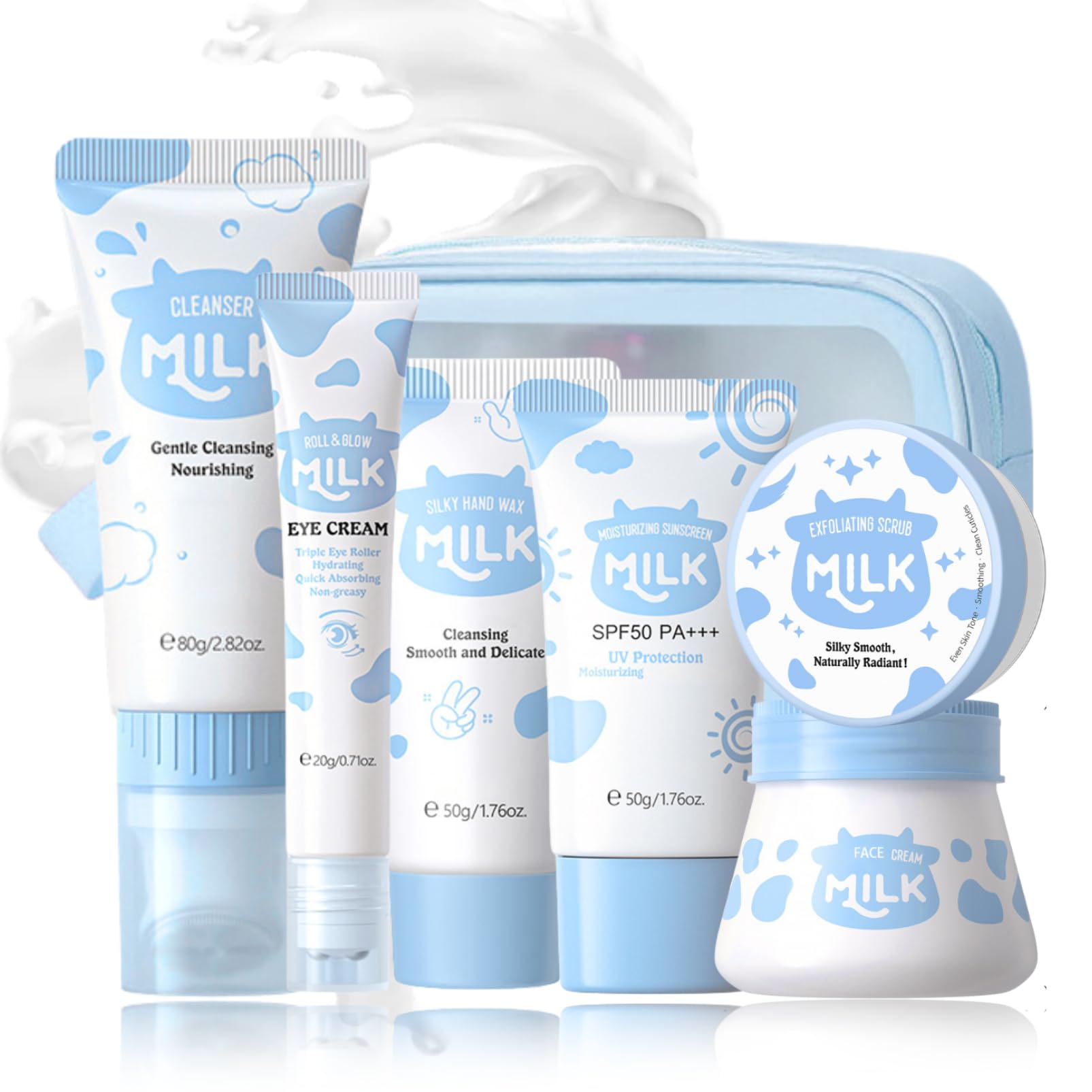 Teen Skincare Kit for Girls - 7PCS Milk Skincare Set with Hand Wax, Sunscreen, Face & Eye Cream, Exfoliating Scrub & Bag - Perfect for Daily Routine, Easter Gifts & Travel Essentials