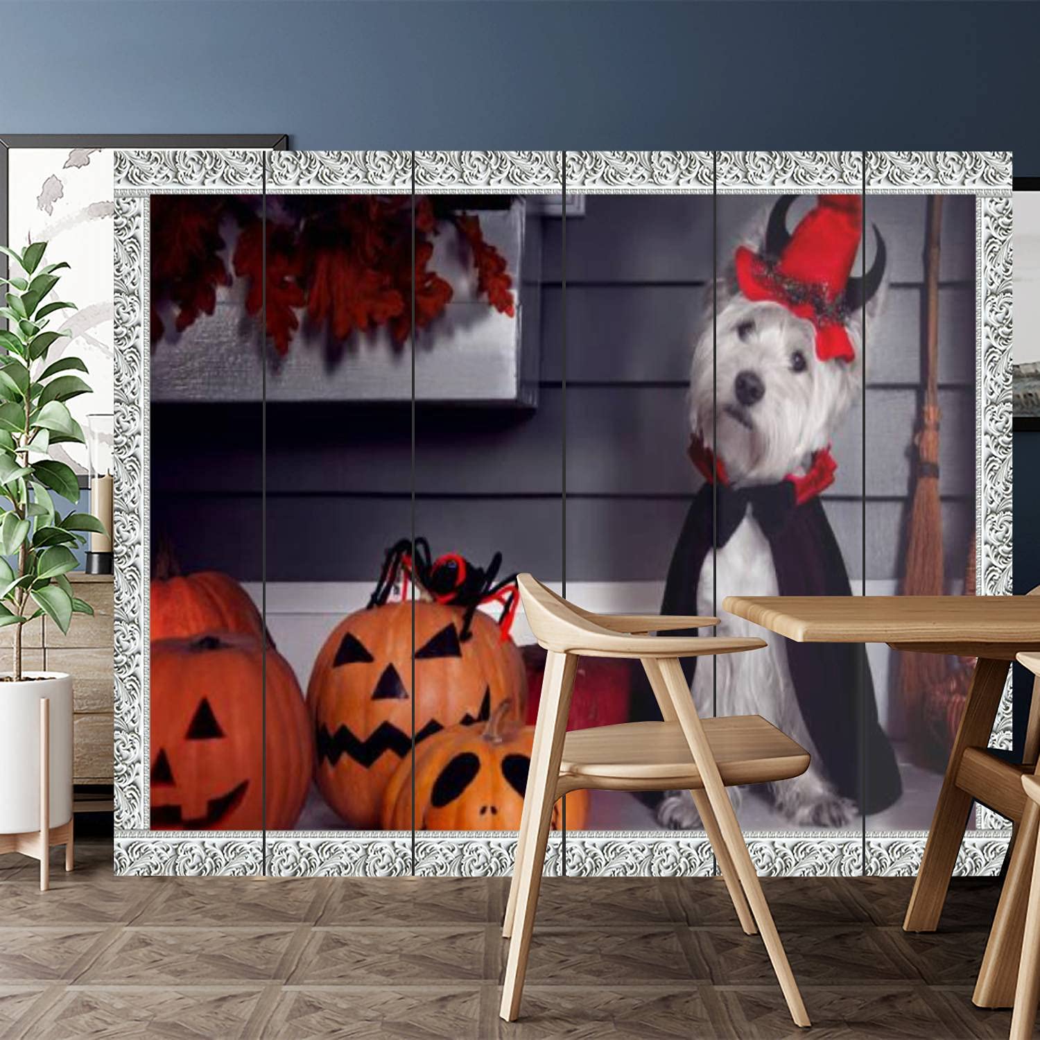 6 Panel Canvas Room Divider Screen - Halloween Dracula Dog Costume Privacy Partition for Home, Office, Bathroom & Pool | Foldable Window Style Room Separator for Parties, Events & Indoor/Outdoor Use