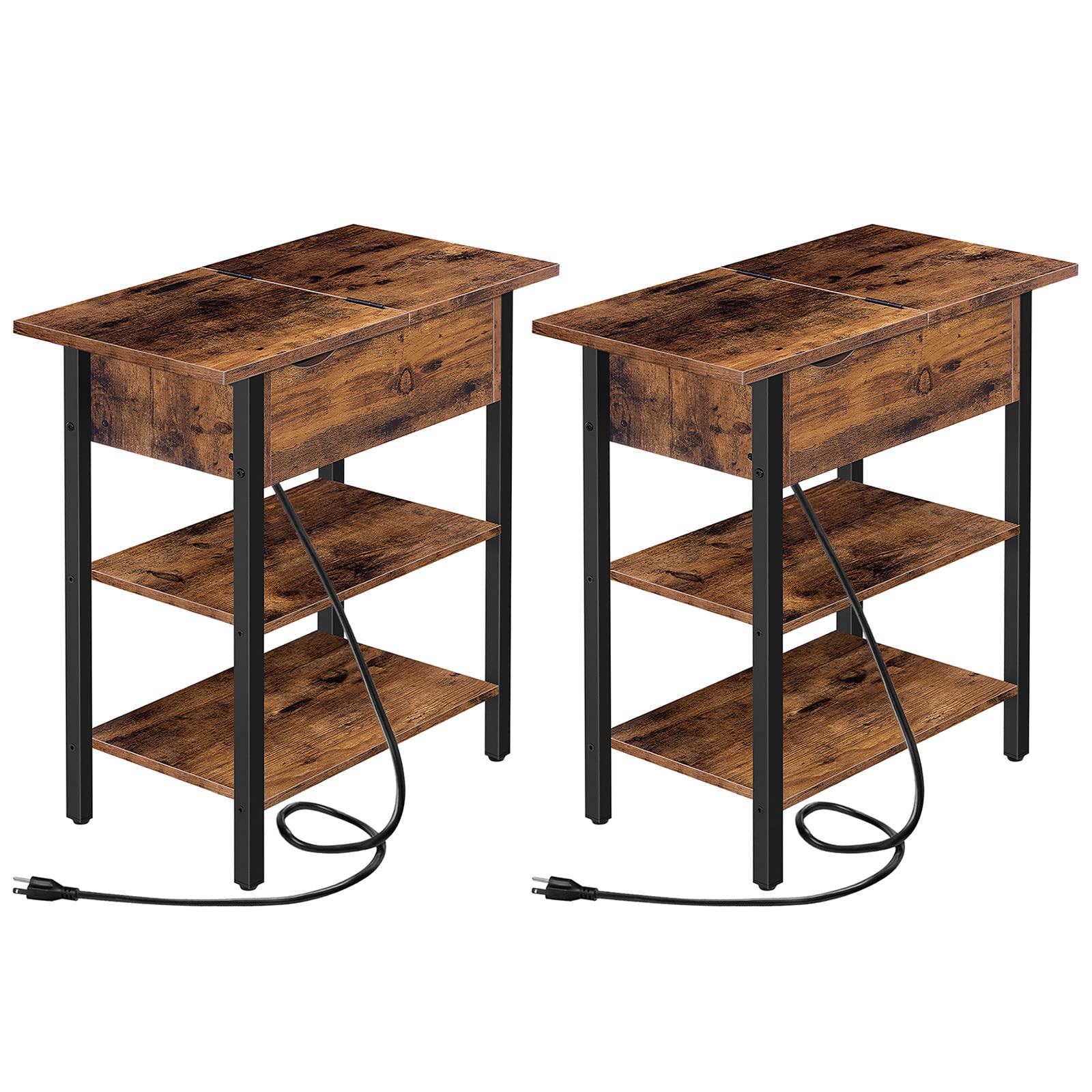 HOOBRO Set of 2 End Tables with Charging Station, Flip Top Nightstand with USB Ports & Outlets, Rustic Brown Side Tables with Shelf for Small Spaces - Perfect for Bedroom, Living Room, Office or Dorm Room Furniture