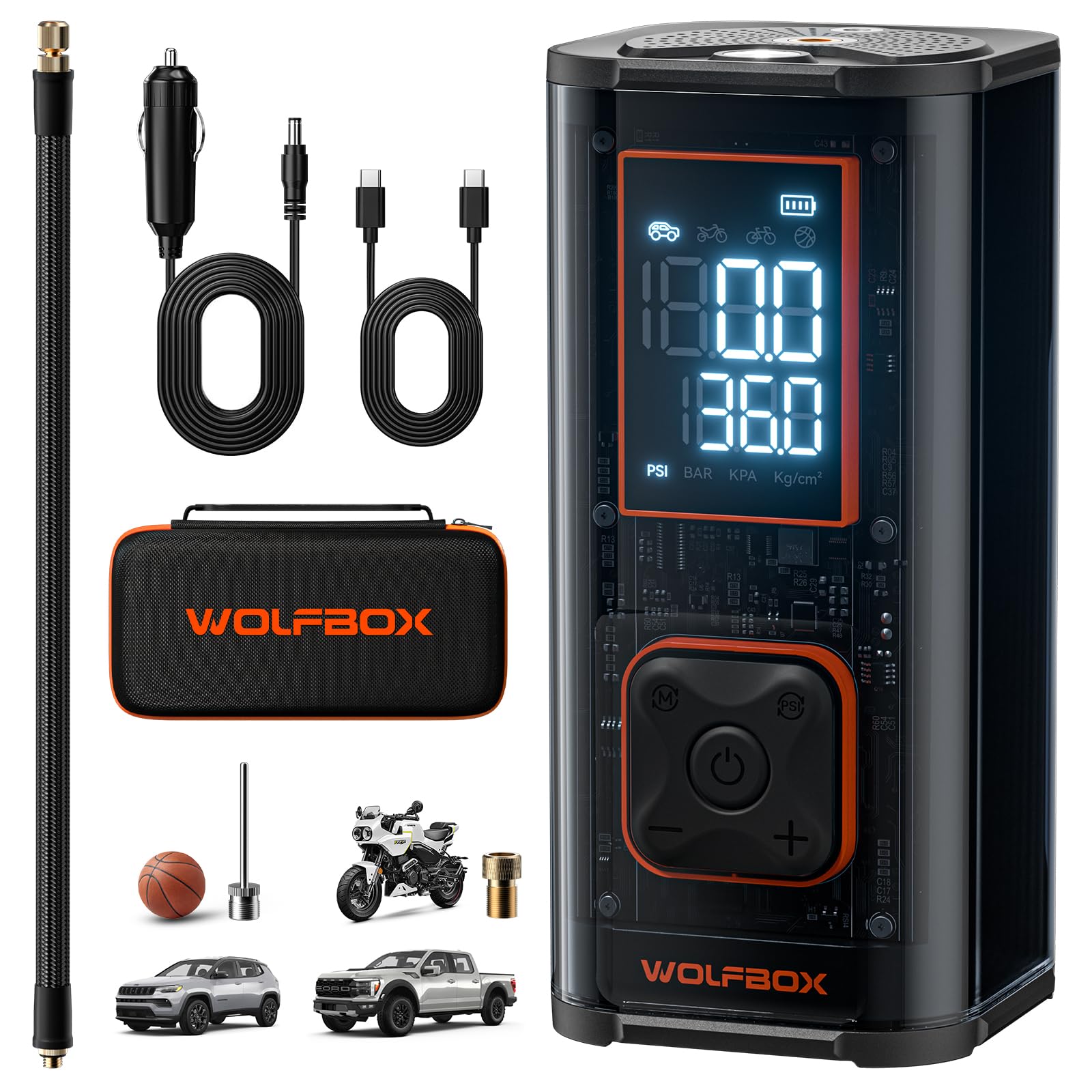 WOLFBOX 12,000mAh 150PSI Heavy Duty Portable Air Compressor - Fast 58LPM Double-Cylinder Tire Inflator for Car, Truck, SUV & Bike Tires with 3.5