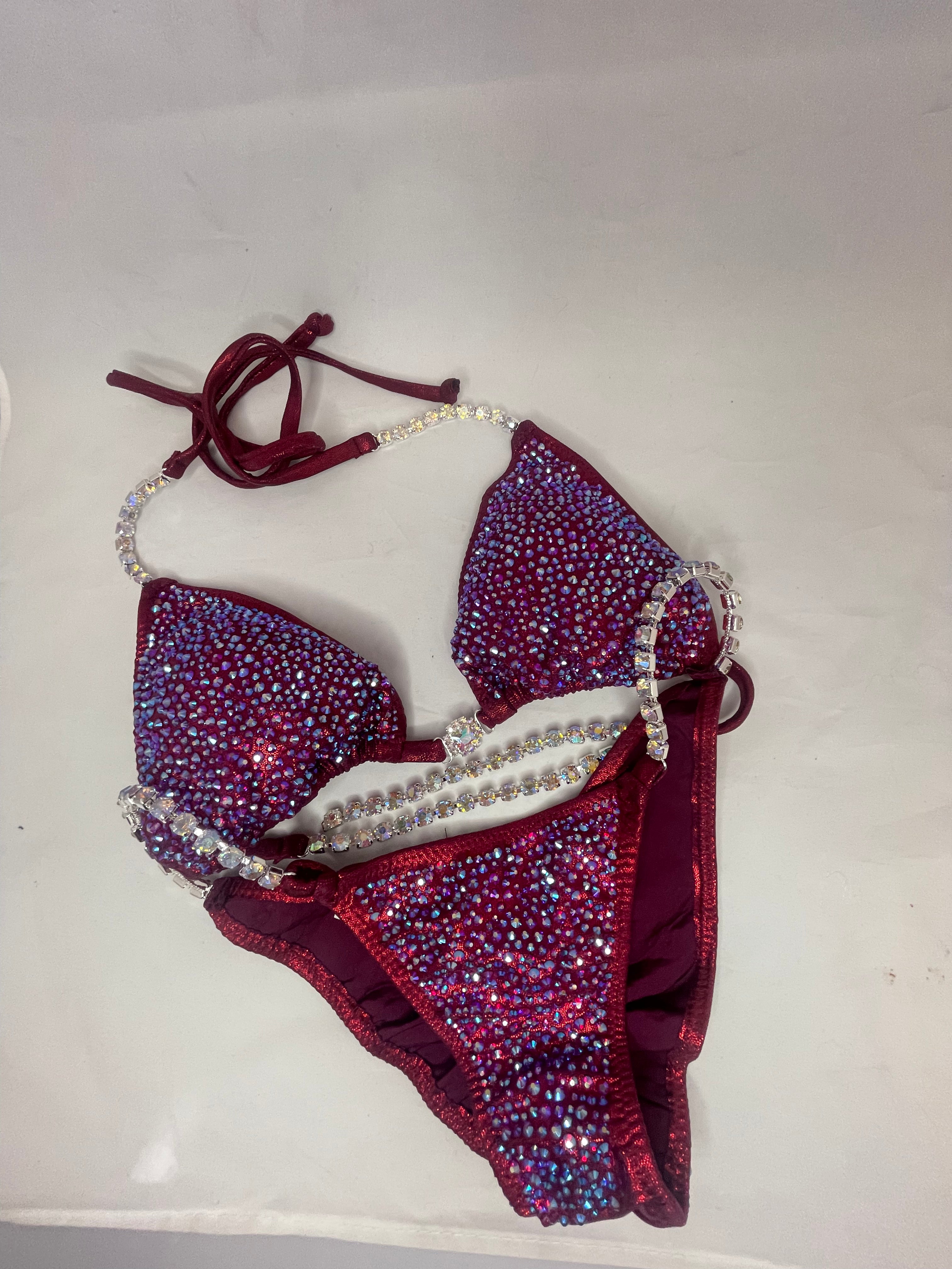 Burgundy Dark Red Maroon Bikini with Multi-Colored Rhinestone Design | Shimmering Swimsuit for Beach, Pool Party & Vacation | Statement Women's Swimwear
