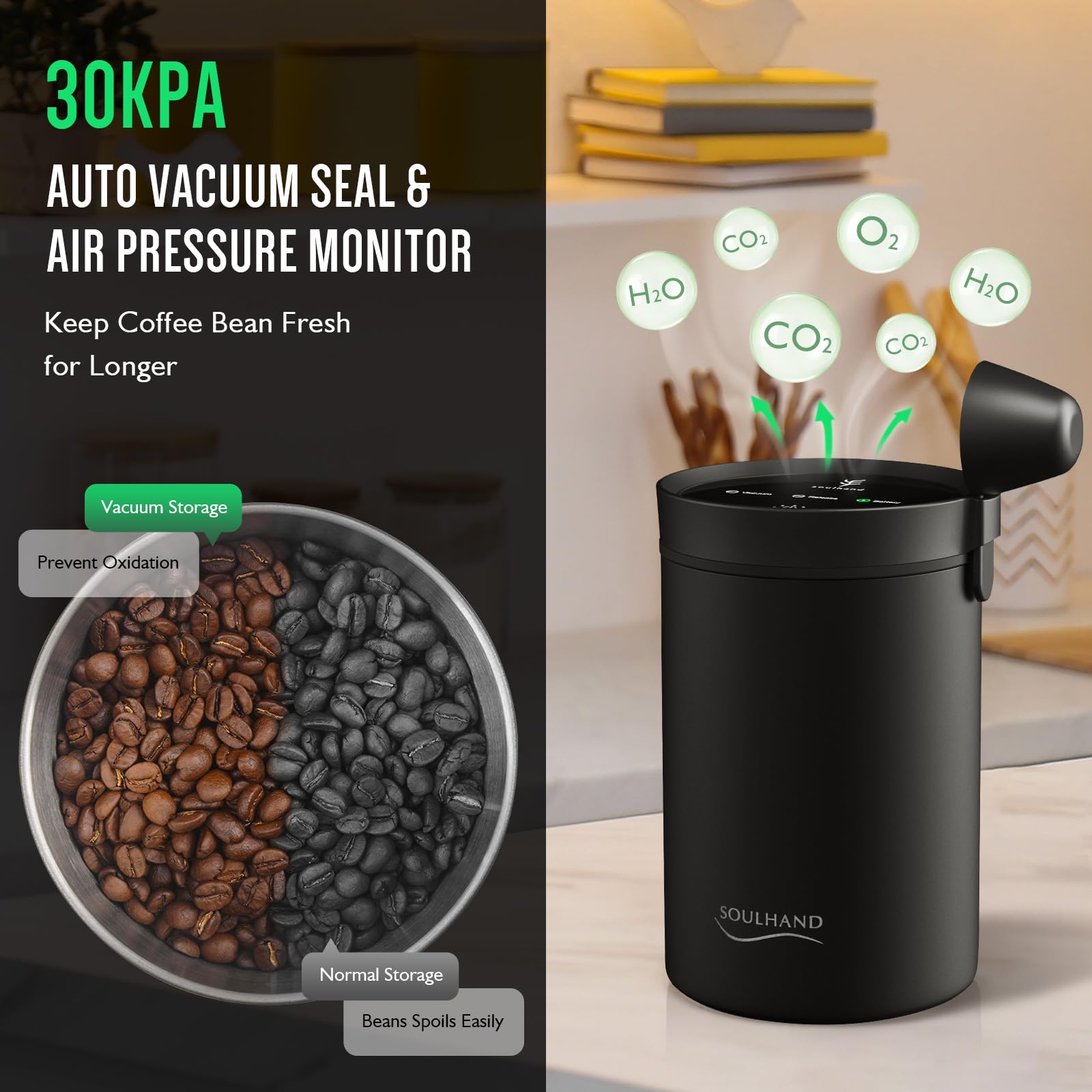 SOUL HAND 1.6L Automatic Vacuum Coffee Canister - Airtight Stainless Steel Coffee Storage Container for Beans & Grounds | Perfect for Kitchen Countertop & Coffee Station Organization