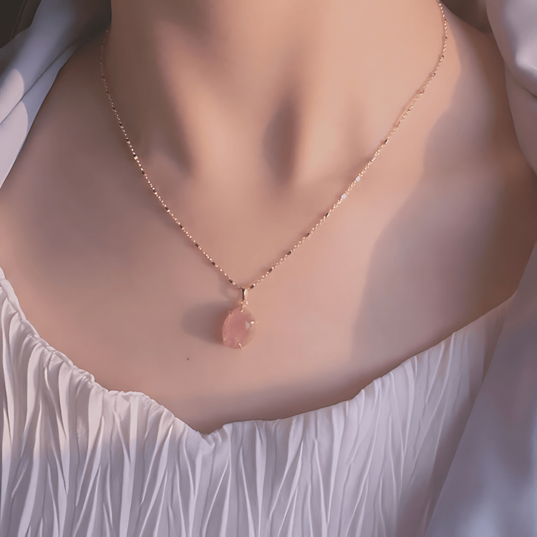 Dainty Strawberry Pink Gemstone Necklace for Women - Elegant Rose Quartz Pendant Jewelry Gift | Perfect for Valentine's Day, Anniversary & Everyday Wear | HJZB 250
