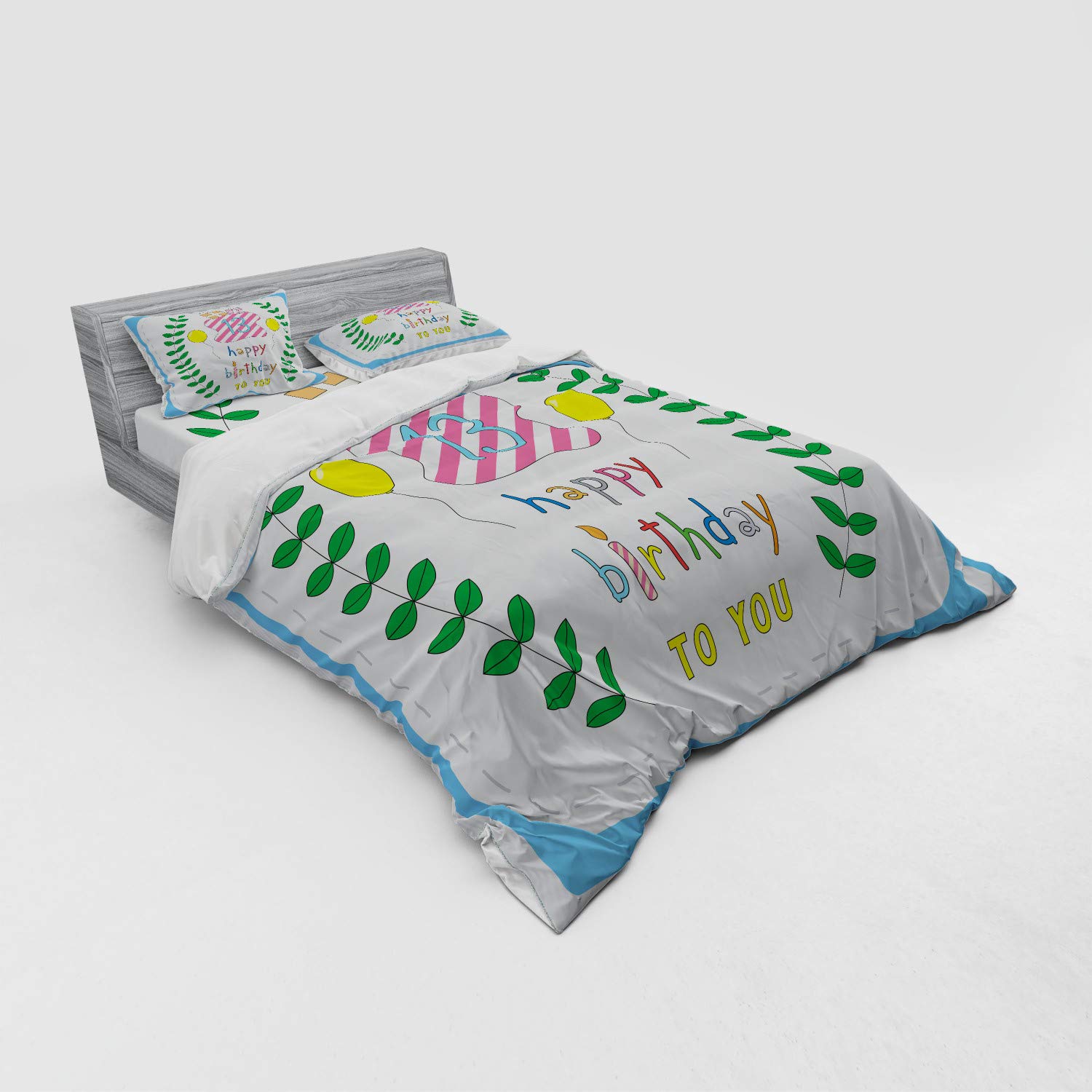 Ambesonne 13th Birthday Duvet Cover Set - Pastel Hand-Drawn Leaves, Balloons & Gifts, 4-Piece Queen Size Bedding Set with Shams & Fitted Sheet | Perfect for Teen Bedrooms, Birthday Gifts & Room Decor