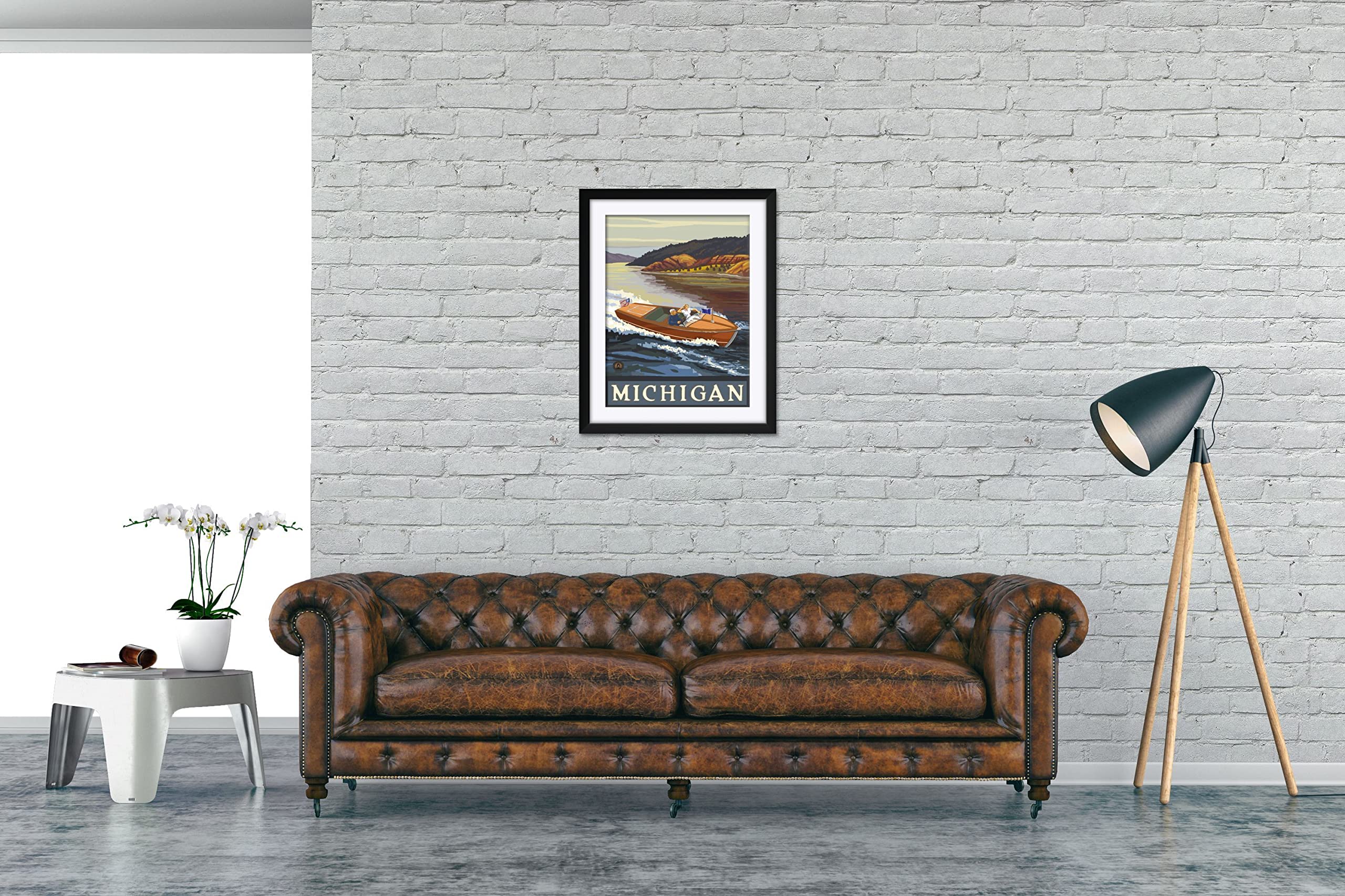 Michigan Wooden Boat Lake Framed Art Print 24x30 Inches - Paul A. Lanquist Travel Artwork - Professional Matted Wall Decor for Living Room, Office & Lake House