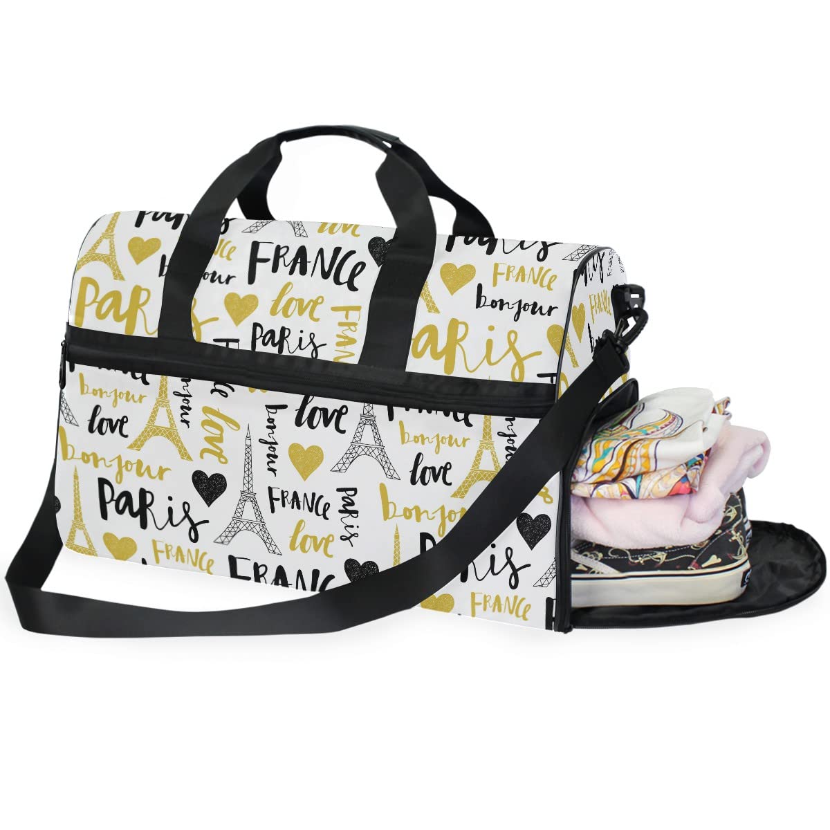 Yellow Gold Paris White Sports Duffel Bag - Travel & Weekend Overnight Bag for Men & Women with Adjustable Strap | Perfect for Gym, Sports, Business Trips & Vacation Getaways