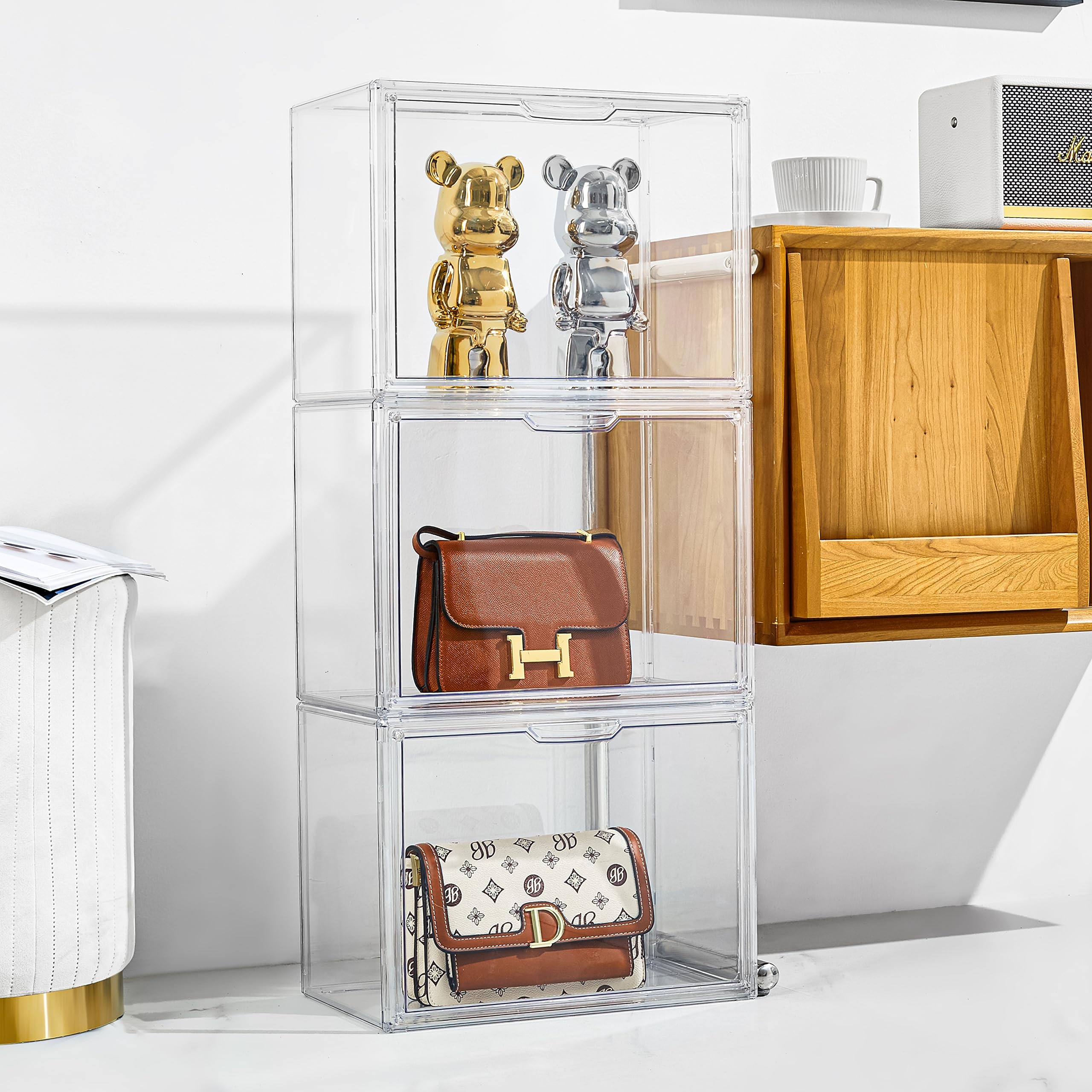 Attelite 4-Pack Clear Acrylic Purse Organizer with Magnetic Door - Plastic Handbag & Clutch Storage Case for Wallet, Books, Cosmetics | Perfect for Closet, Vanity & Retail Display Organization