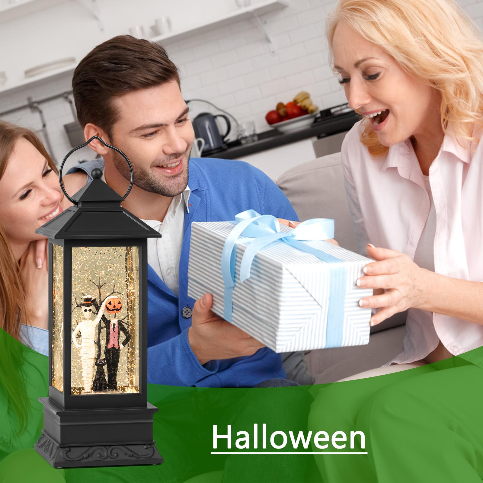 **Halloween Snow Globes with Skull & Black Cat Scene - Glittering LED Lantern with Timer, USB/Battery Powered for Spooky Home Decor - Perfect for Halloween Parties, Indoor & Outdoor Displays**