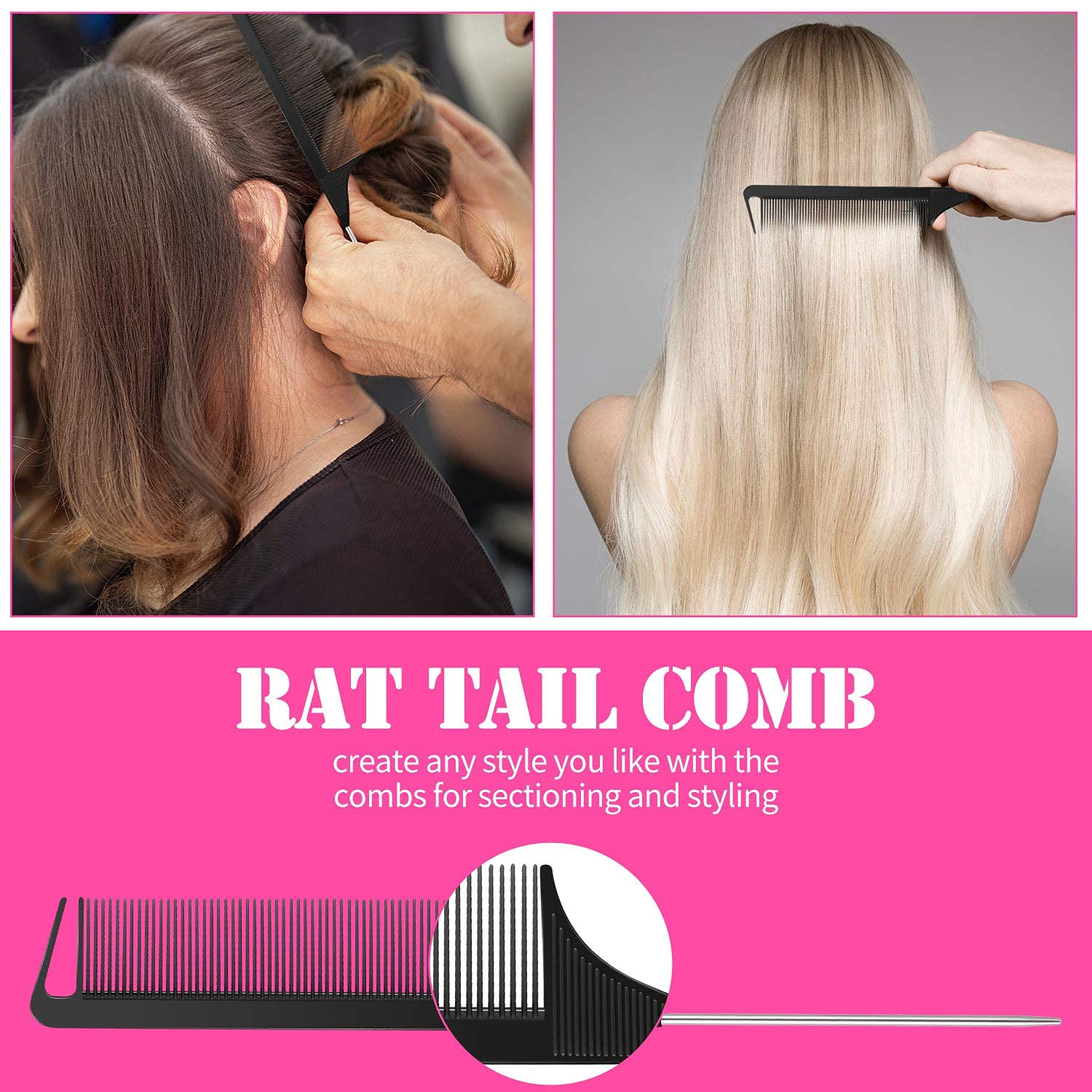 8-Piece Rat Tail Comb & Hair Clip Set - 2 Wide & Fine Teeth Parting Combs + 6 Hair Clips for Women & Girls | Perfect for Styling, Detangling & Hair Care at Home or Salon